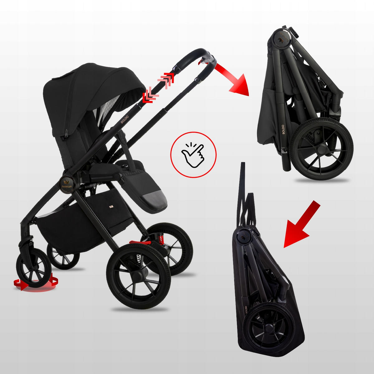 KINDERWAGEN Boldo 3in1 Schwarz Babywanne, Buggy Sportsitz, Babyschale I-Size - Schwarz, Textil/Metall (58/98cm) - BabyLux
