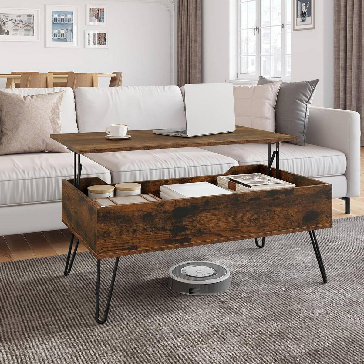 COUCHTISCH mit Stauraum, Metallbeine, Rustikales Braun - Dunkelbraun, Holzwerkstoff/Metall (50/95/40cm) - Woltu