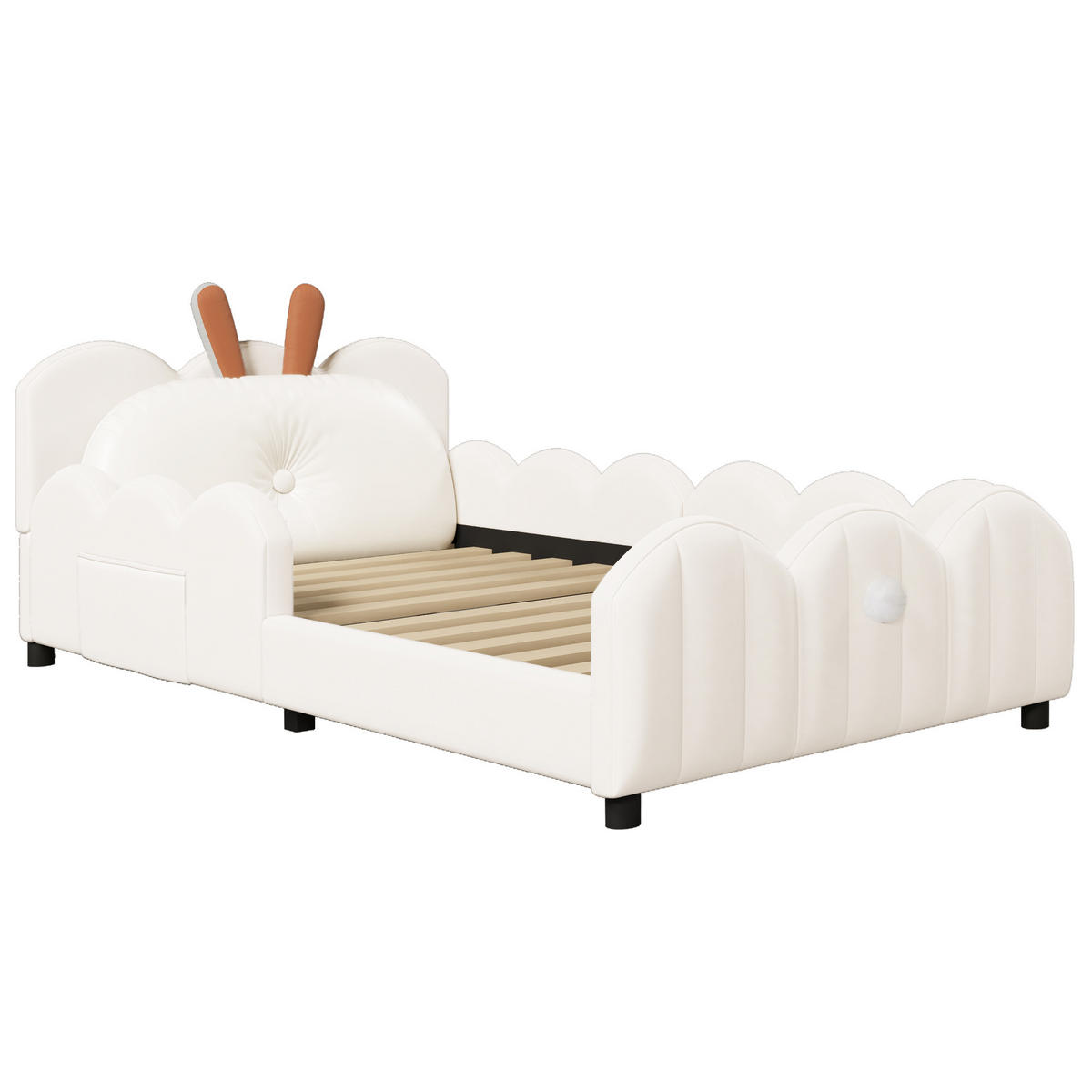 KINDERBETT 90/200 cm in Beige Samt mit Schutzgeländern und Kaninchenkissen - Beige, Holzwerkstoff/Textil (90/200cm) - CHICFURN