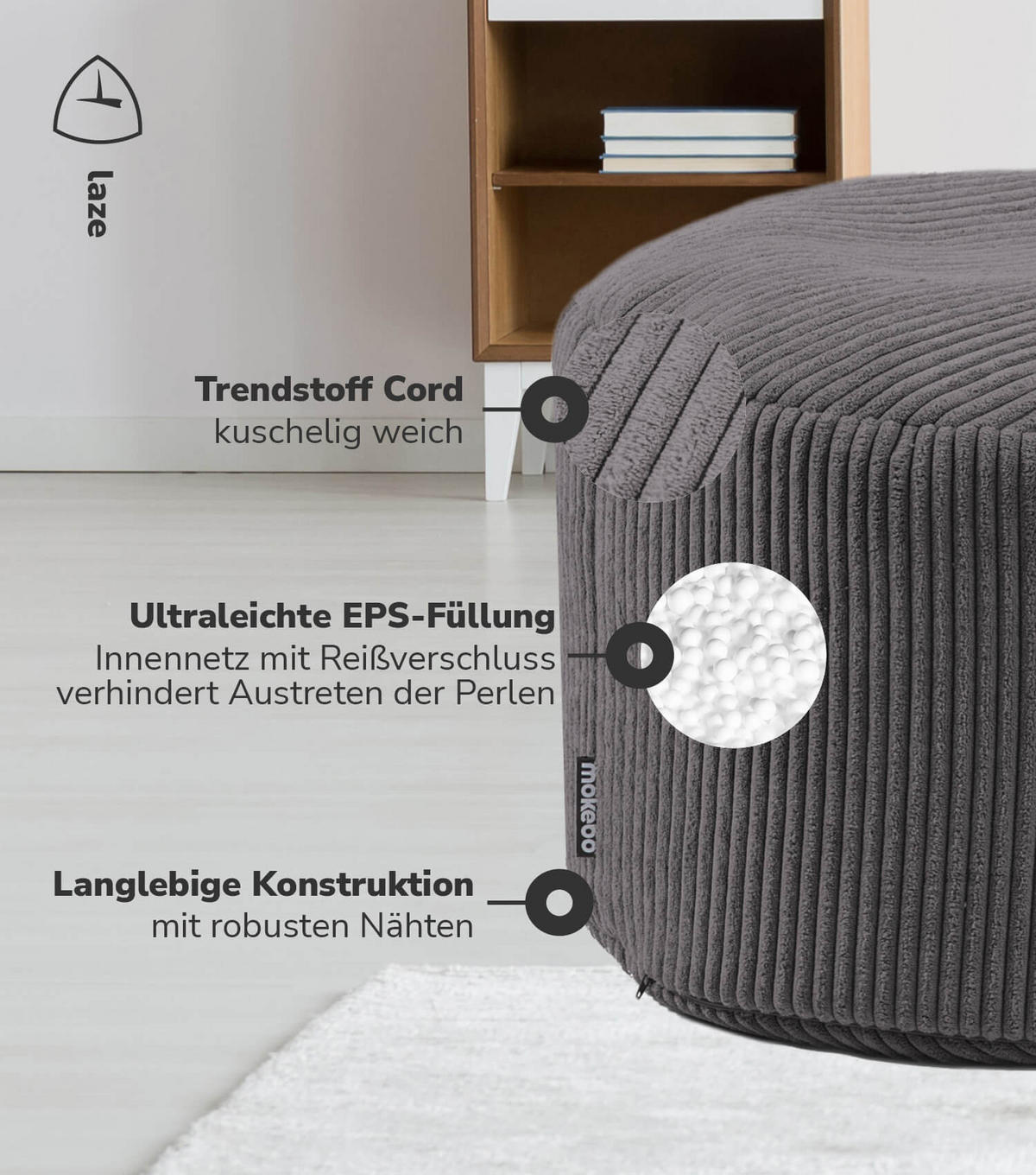 POUF Cord Der Faule Lenz - Anthrazit, Textil (60/40/60cm) - Mokebo