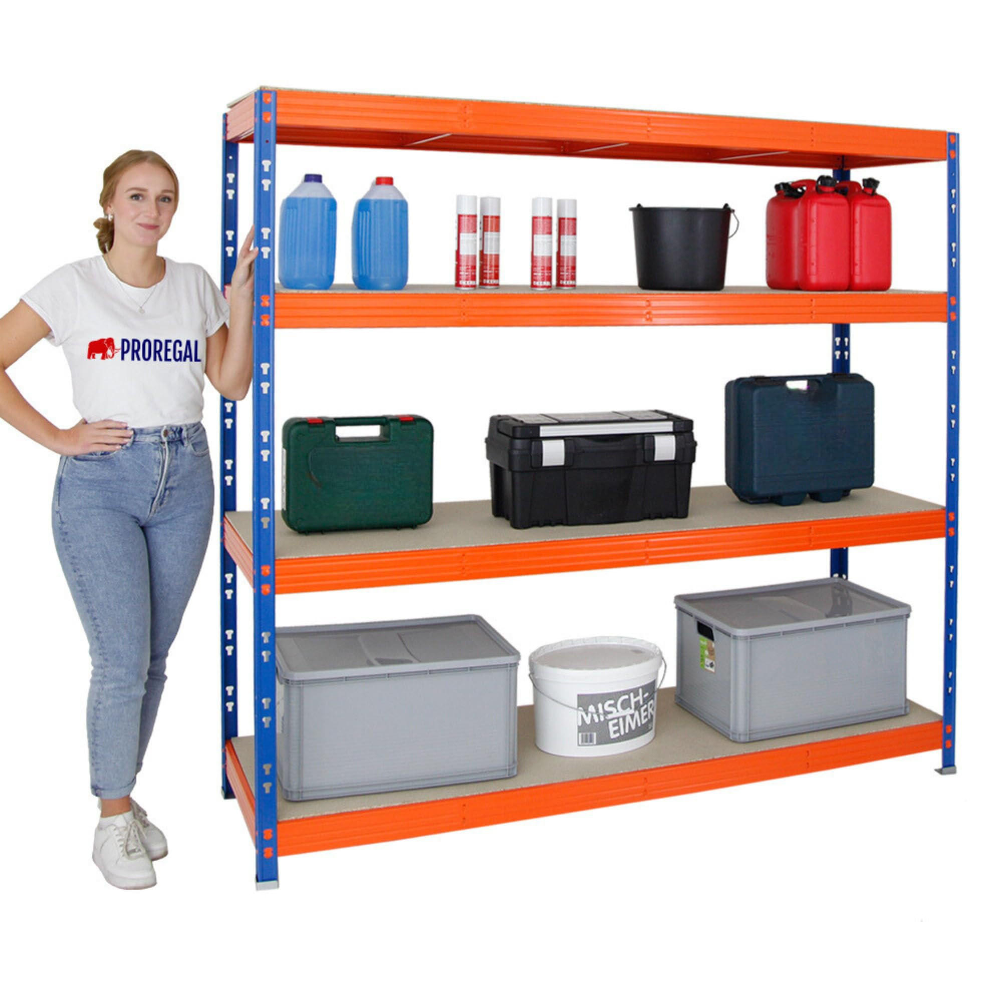 SCHWERLASTREGAL Rhino 180x200x60 cm 4 Spanplatten-Ebenen 8mm Fachlast 500 kg Blau/Orange - Blau/Orange, Metall (200/180/60cm) - PROREGAL