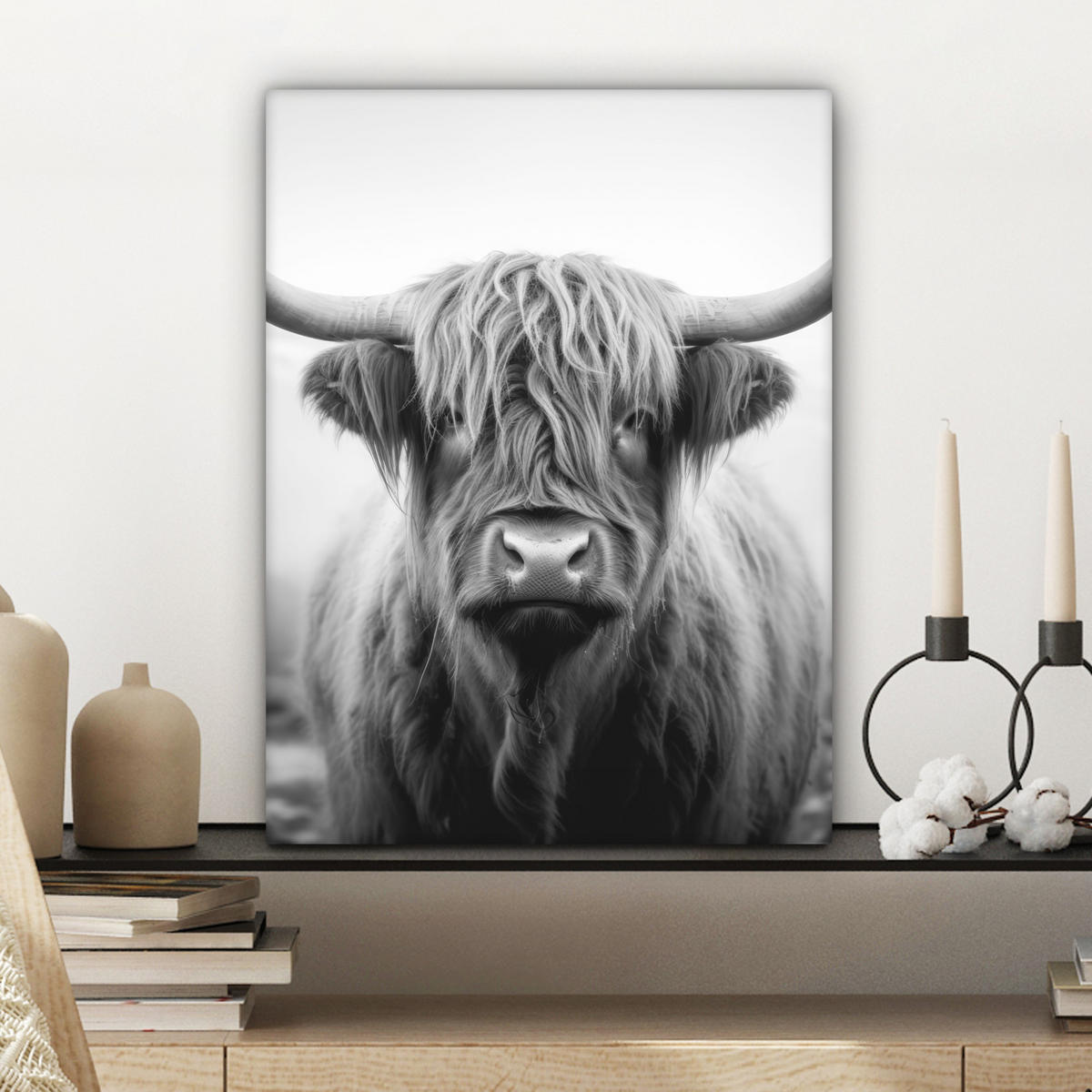 LEINWANDBILD - Schottischer Highlander - Nebel - Schwarz - Weiß - 30x40 - Bilder - Grau, Textil (30/40cm) - MuchoWow