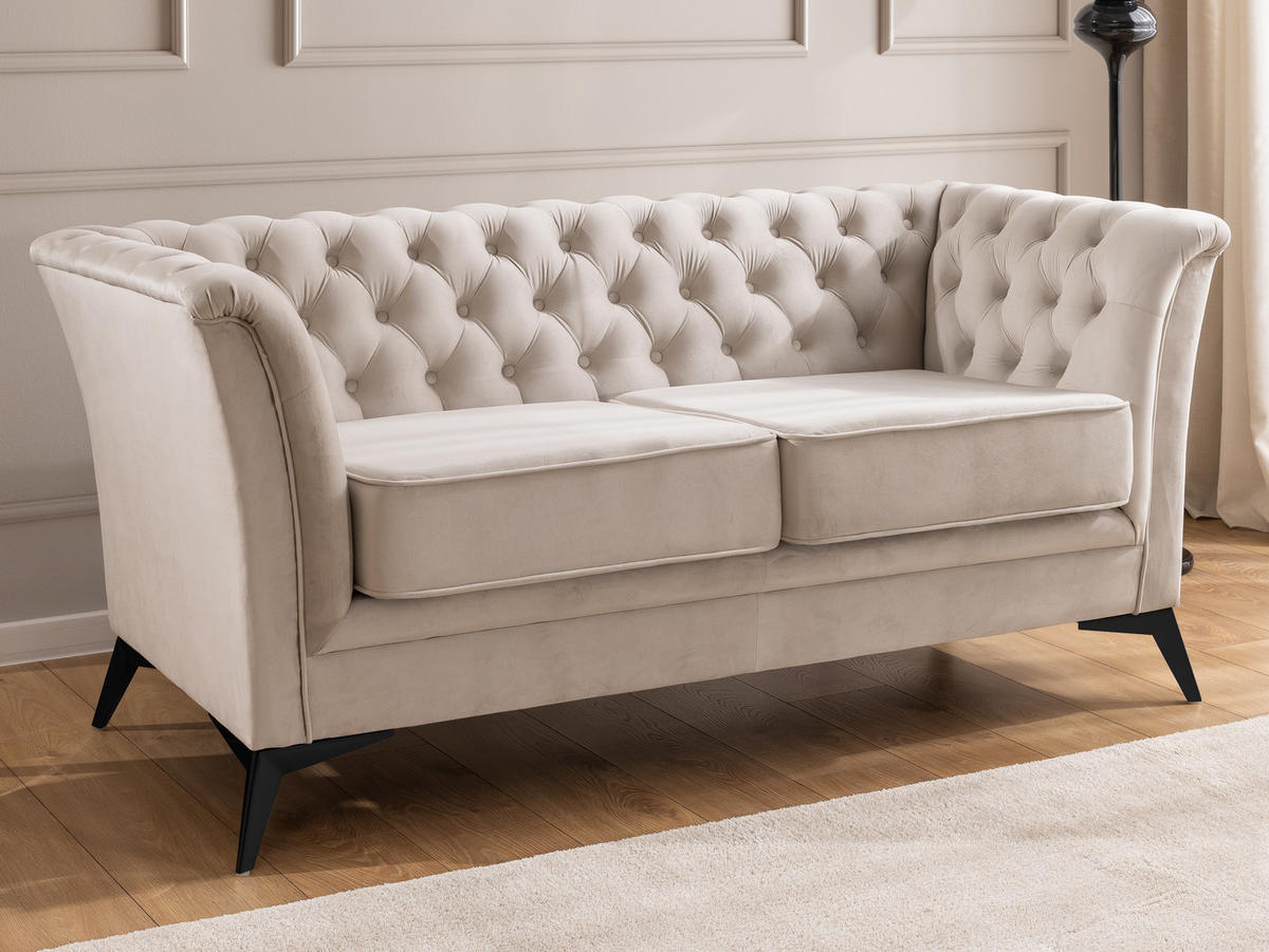 CHESTERFIELD-SOFA 2-sitzer Whitby Beige Samt mit schwarzen Füßen - Beige/Schwarz, Holz/Textil (175/78/82cm) - S-Style Möbel