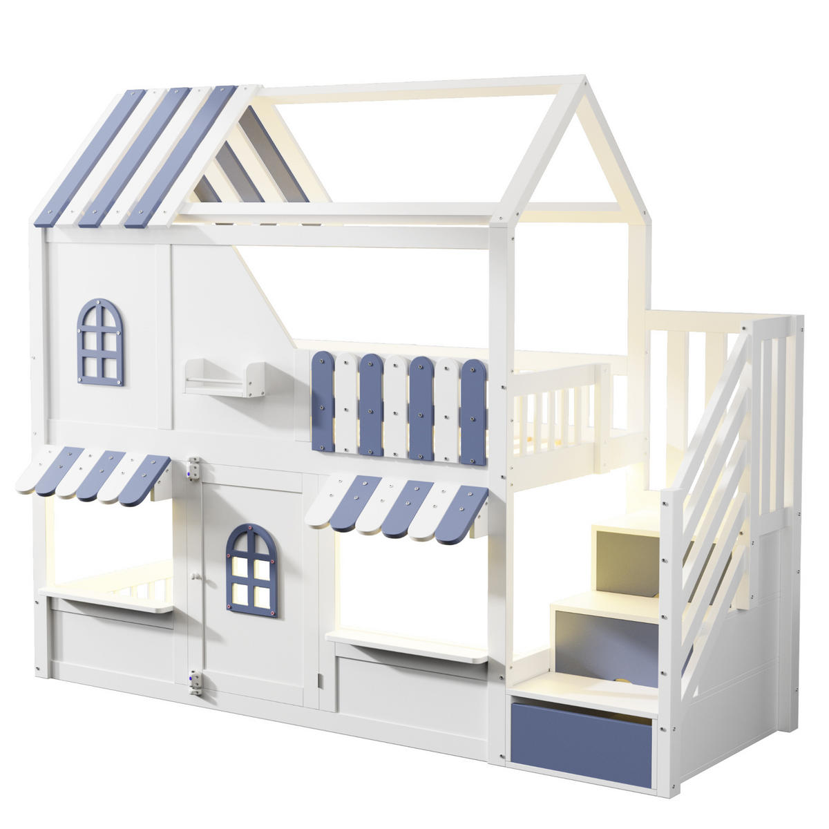 KINDER-ETAGENBETT Holz 90x200 cm Weiß/Blau mit LED, Stauraumleiter und Regalen im Hausbett-Design - Weiß, Holz (90/200cm) - Modfu
