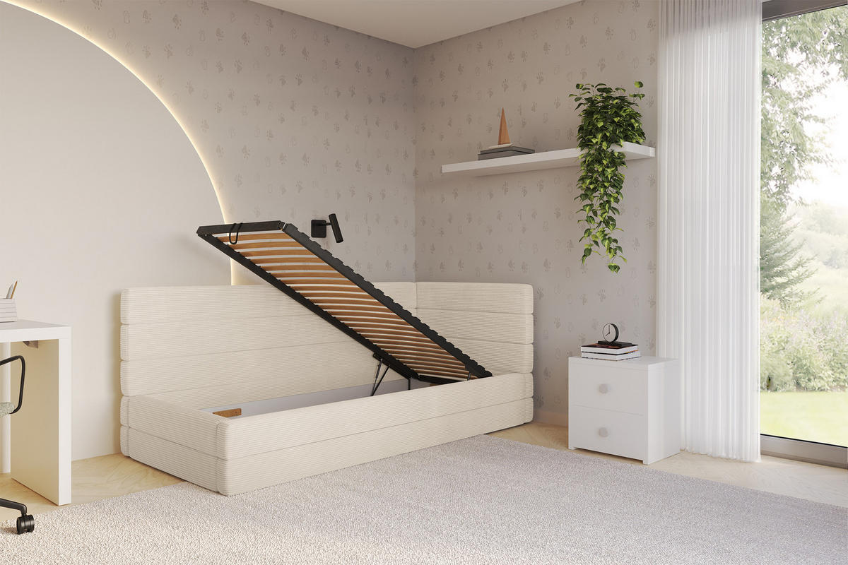 EINZELLBETT Jugendbett mit Bettkasten, Links - BEMY 90x200 Beige - Creme, Holzwerkstoff/Textil (90/200cm) - ALTDECOR