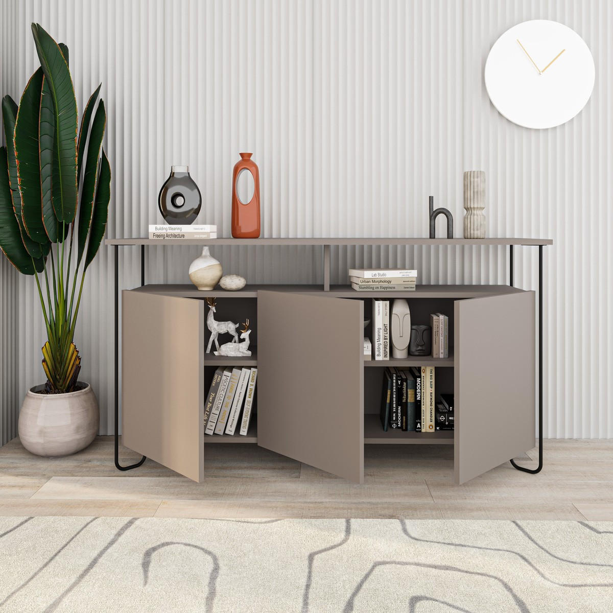 SIDEBOARD 3 Türen mit Metallfüßen B130 cm - DILLY - Braun, Holzwerkstoff (40/80/130cm) - Calicosy