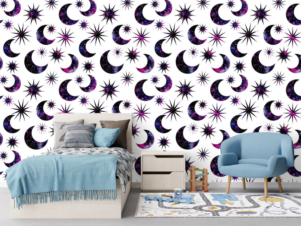 VLIESTAPETE Monde und Sterne – Lila, Schwarz, Weiß – 50x1000 cm - Lila/Schwarz, Papier (50/1000cm) - Muralo