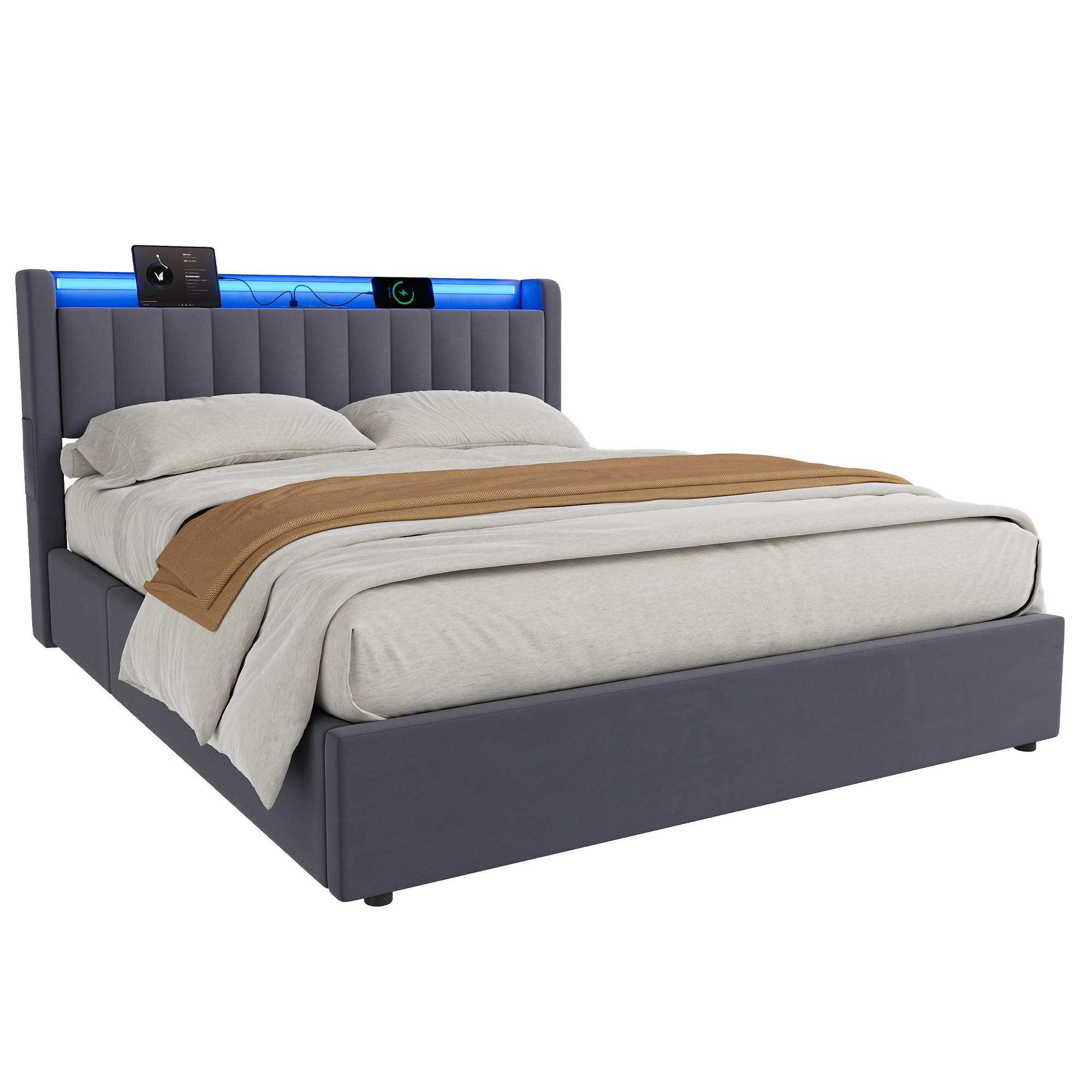STILVORA ČALOUNĚNÁ POSTEL 160/200 cm s úložným prostorem a zásuvkou, s LED osvětlením, bez matrace