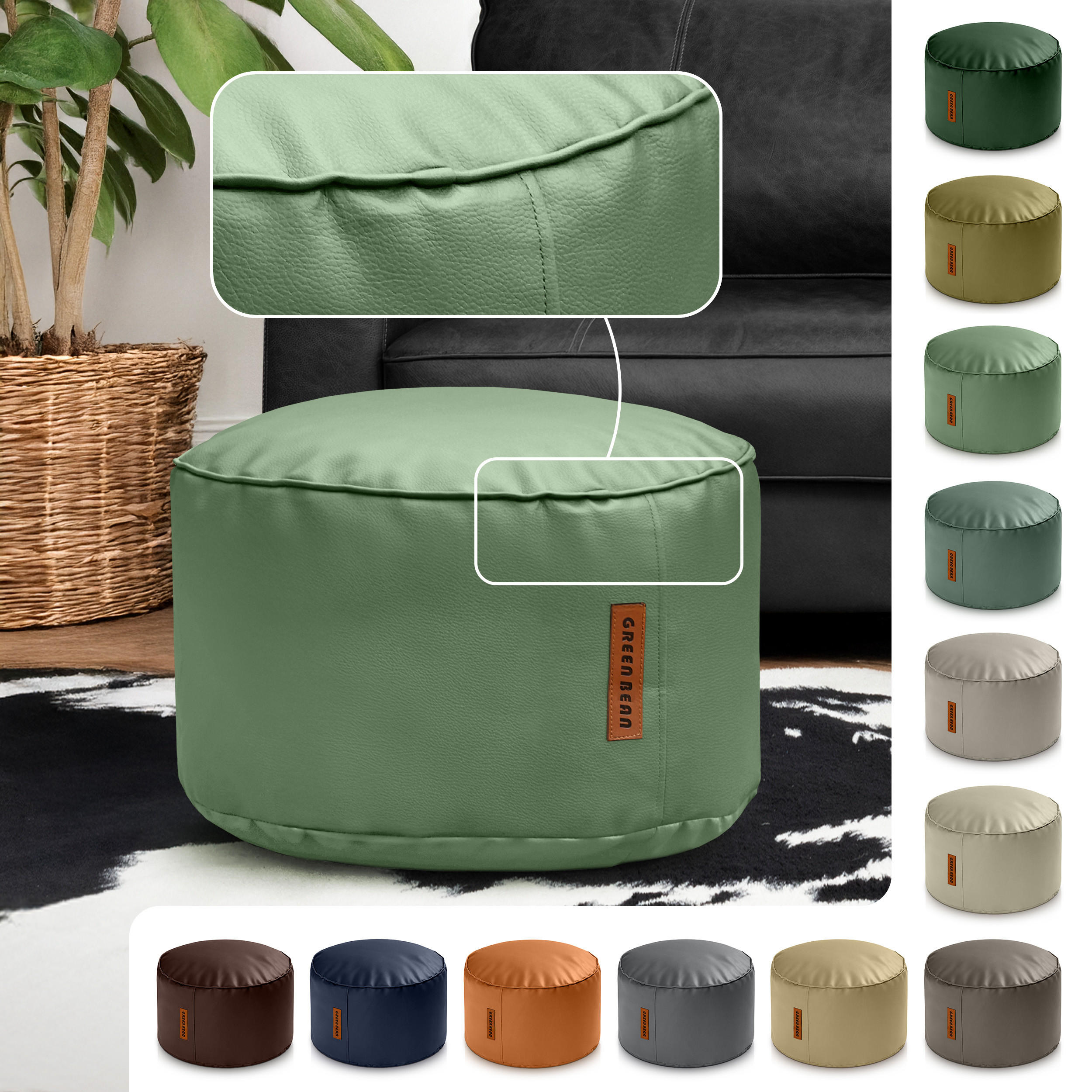 INDOOR HOCKER Stay rund Kunstleder - Hellgrün, Textil (43/30/30cm) - Green Bean