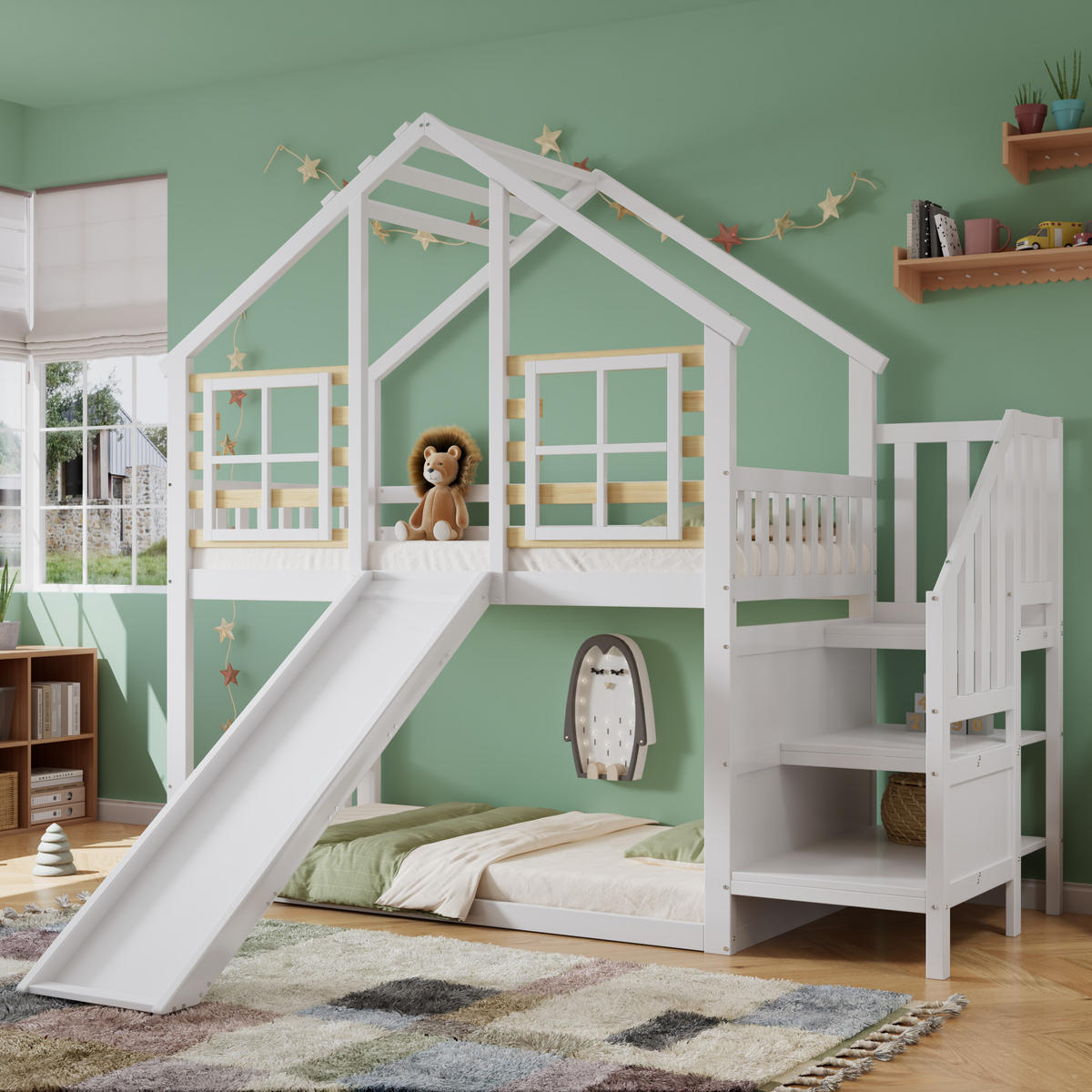 ETAGENBETT 90/200 cm in Weiß & Natur mit Rutsche, Fenster und Treppe Massivholz Blockhaus-Design - Weiß, Holz (90/200cm) - STILVORA