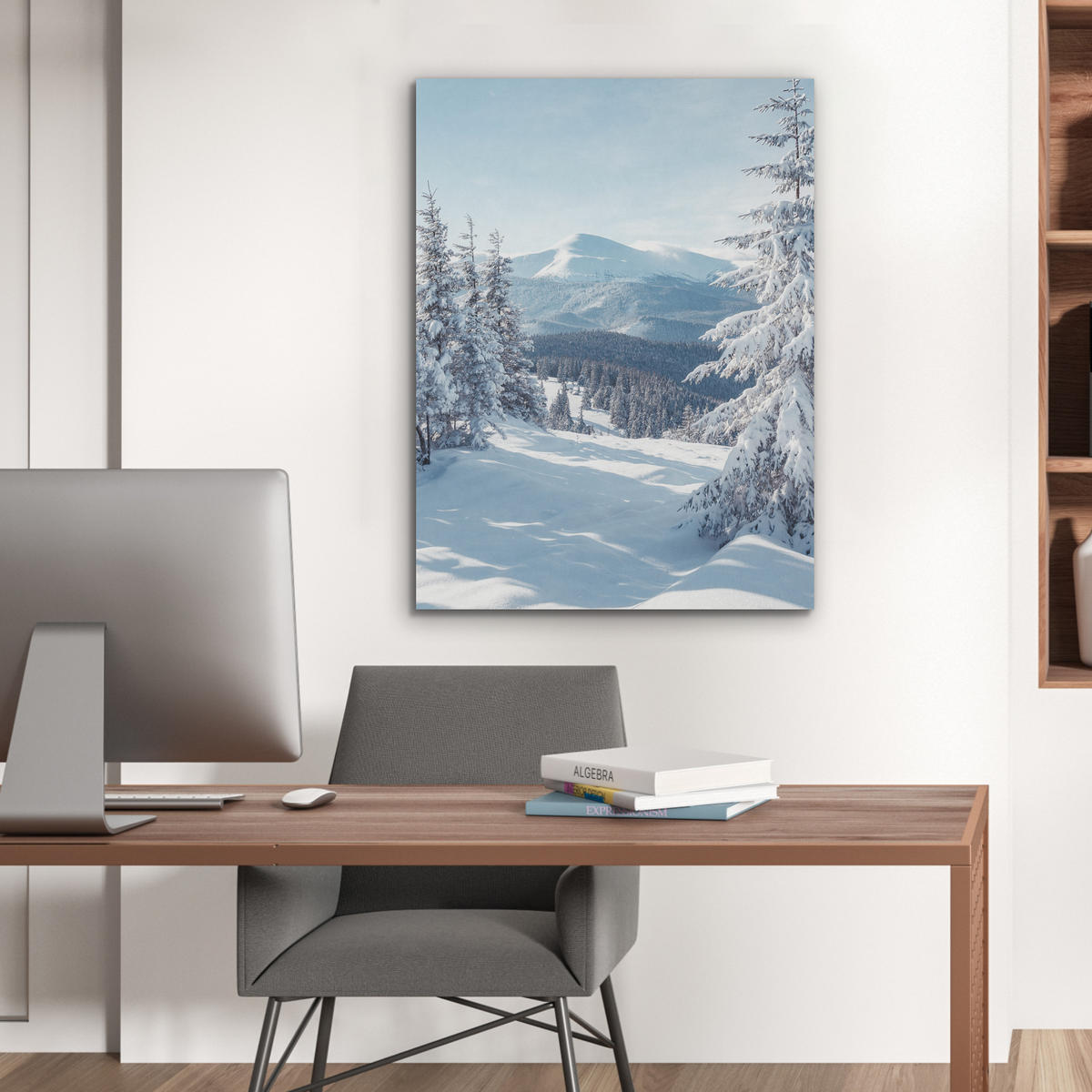 AKUSTIKPANEEL Winterlandschaft - Natur - Berge - Bäume - Schnee 60x80 cm - Hellblau, Textil (60/0.9/80cm) - MuchoWow