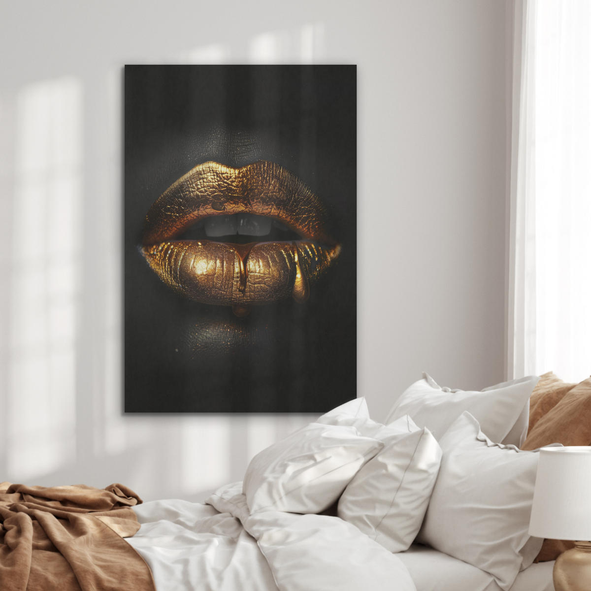 AKUSTIKPANEEL Frau - Porträt - Lippen - Gold - Schwarz 70x100 cm - Schwarz, Textil (70/0.9/100cm) - MuchoWow