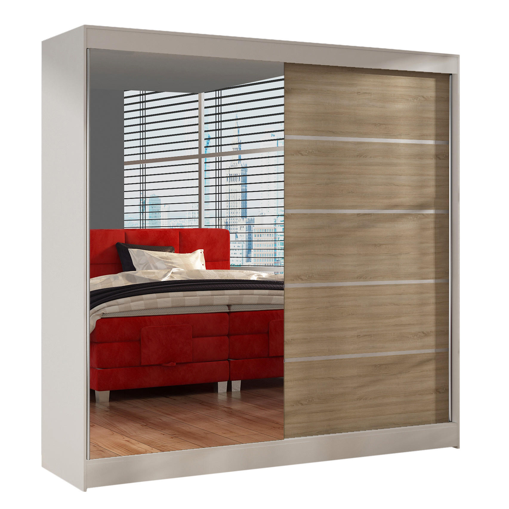 SCHWEBETÜRENSCHRANK Basti III - 200 cm - Beige/Weiß, Holzwerkstoff/Metall (200/215/58cm) - Sofnet