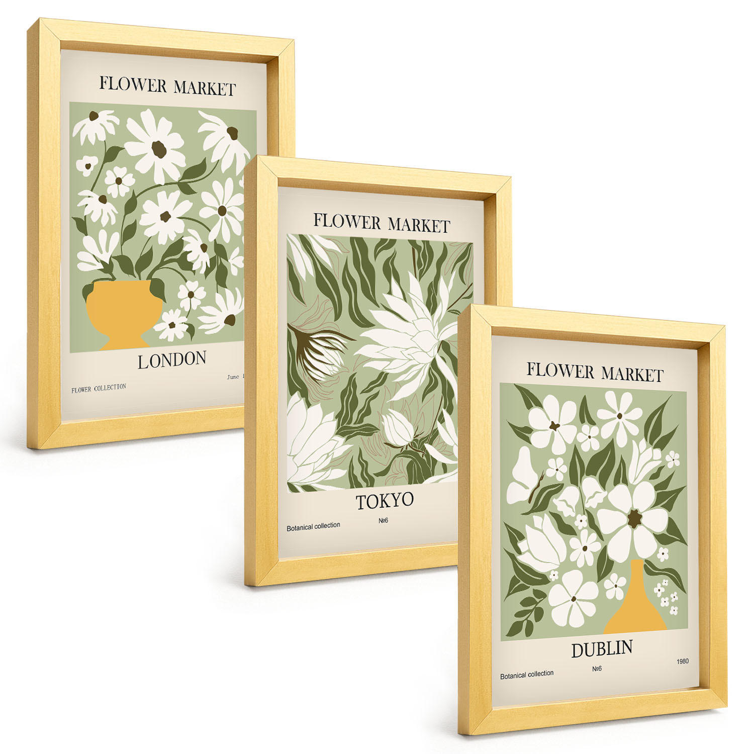 BILDER SET 3er Set - 20x30 cm Goldrahmen - Blumenmuster London Tokio Dublin - Goldfarben, Kunststoff (20/30cm) - TULUP