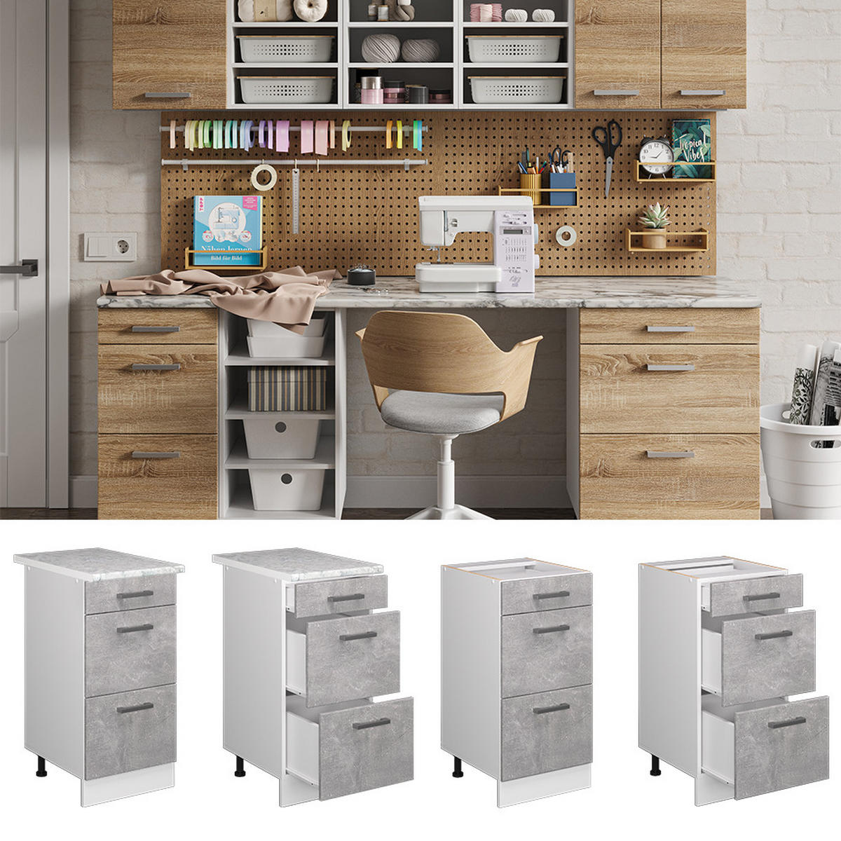 UNTERSCHRANK R-Line Beton 40 cm mit Schubladen, ohne AP - Weiß/Grau, Holzwerkstoff (40/81.6/46cm) - Vicco