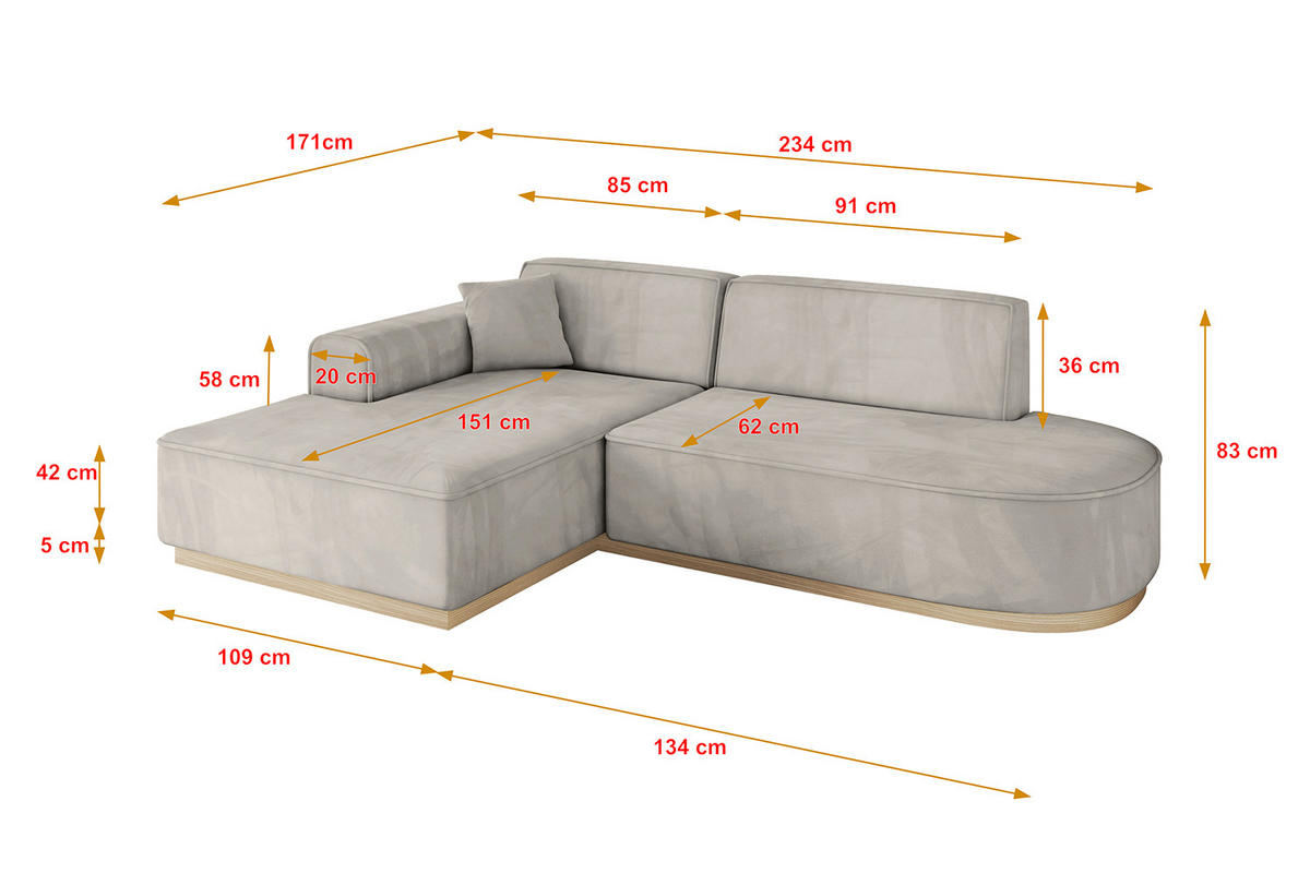 ECKSOFA Ottomane Links IREA-L1 - 234x171x83 cm Hellbraun - Hellbraun, Holzwerkstoff/Textil (234/171cm) - ALTDECOR