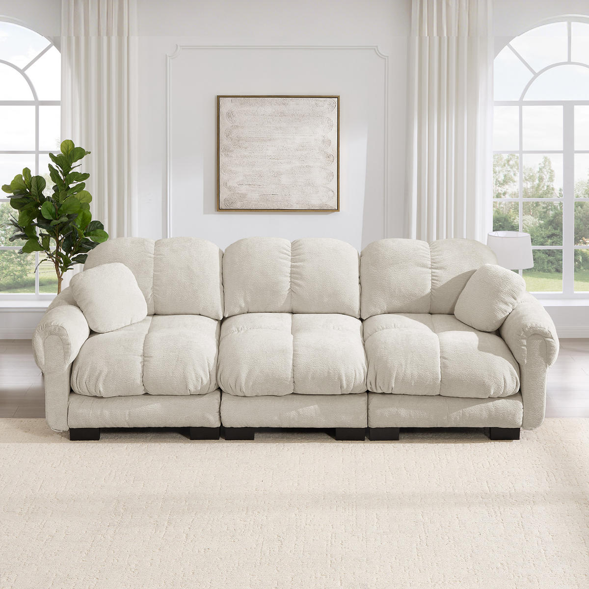 3-SITZER-SOFA DE-34384 Steppdesign und 2 Dekokissen Hellkhaki - Sandfarben, Textil (86/90/260cm) - ComfortXL