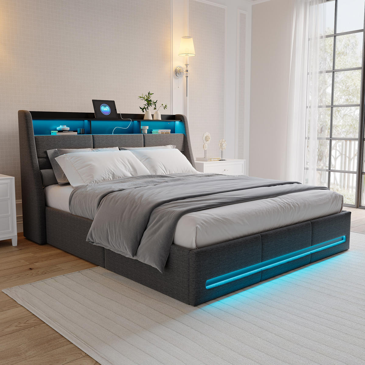 POLSTERBETT 160x200 cm, hydraulischer Stauraum, LED und USB, Kopfteil-Aufbewahrung, Leinenstoff in Grau - Grau, Holz (160/200cm) - BRILVERDE