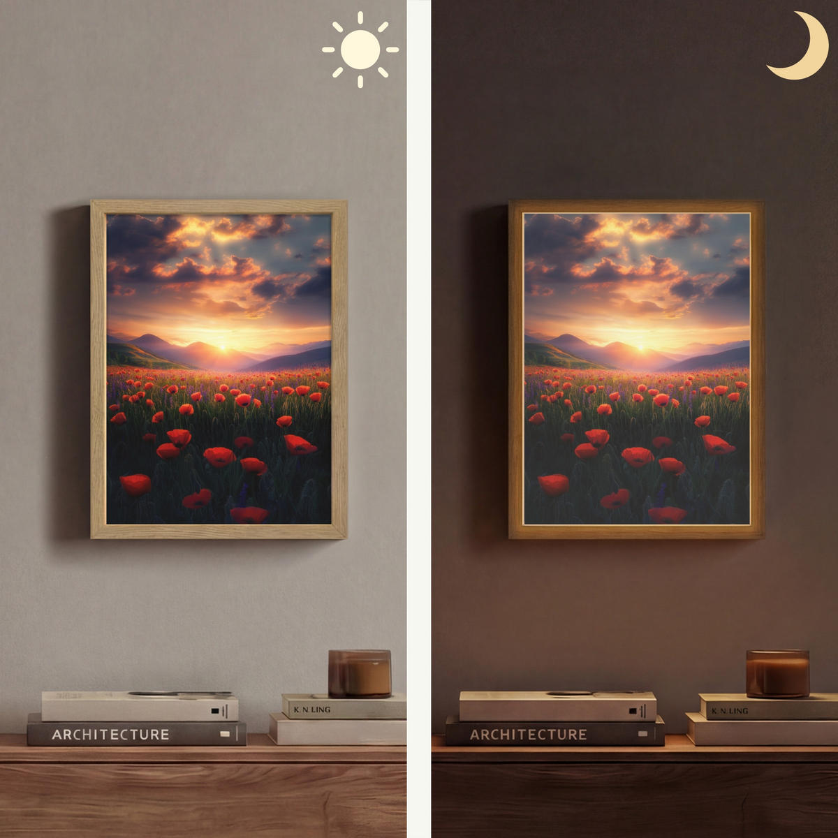 WANDLEUCHTE MIT AKKU Landschaft - Sonnenuntergang - Blumenfeld 30x40 cm - Rot, Holzwerkstoff (30/40/8cm) - OnlyWow