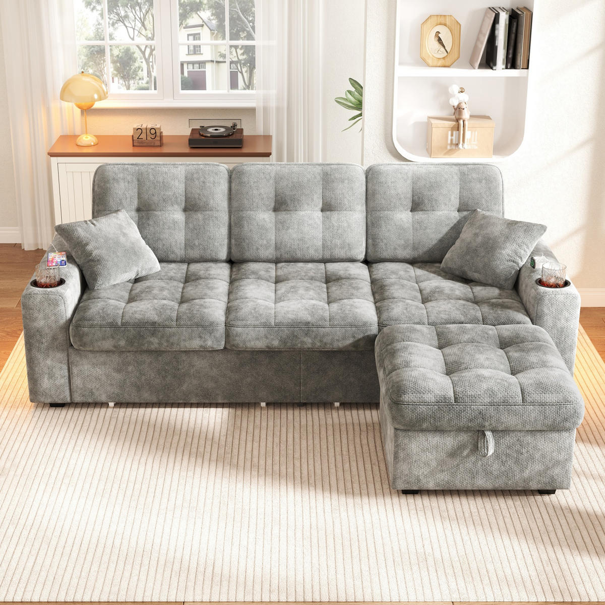 BIGSOFA aus Chenille mit USB-C, LED, Getränkehaltern und Stauraum - Dunkelgrau, Textil (194.5/83/133cm) - EVRYAE