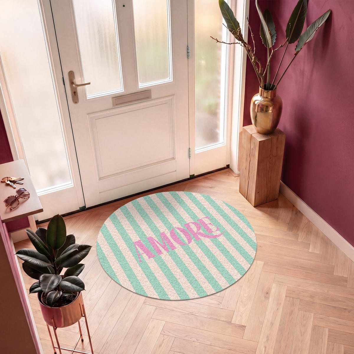 FUSSMATTE Rosa – Grün – Streifen – Amore 120x120 cm - Mintgrün, Kunststoff (120/0.4cm) - MuchoWow