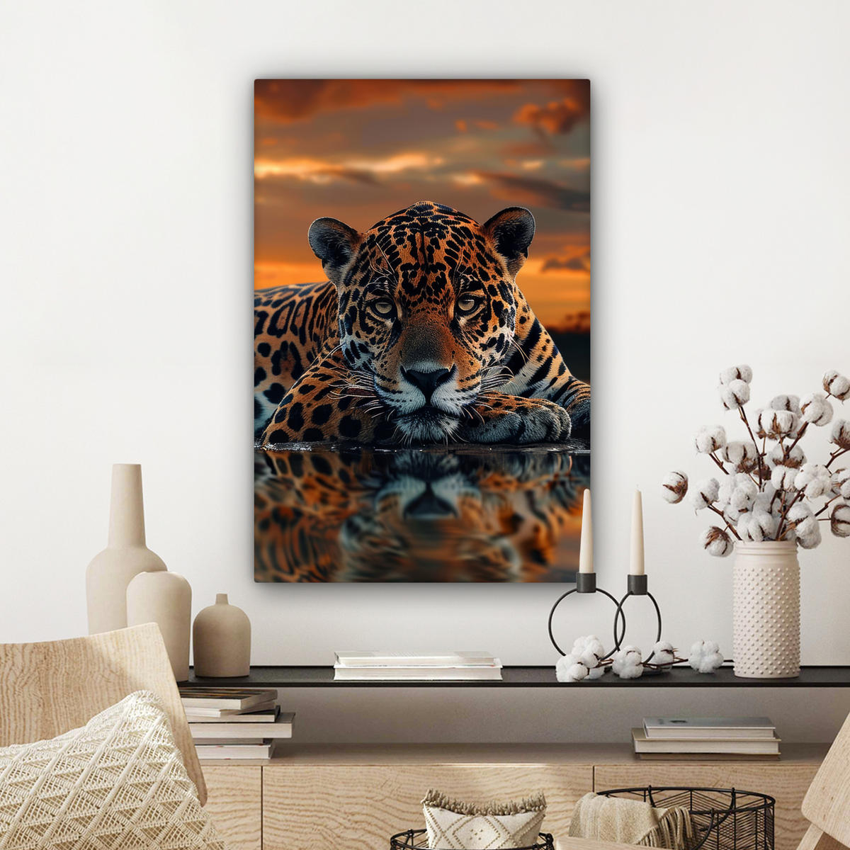 LEINWANDBILD Natur - Leopard - Tier - Sonnenuntergang - Modern Wanddeko 40x60 cm - Orange, Textil (40/60cm) - MuchoWow