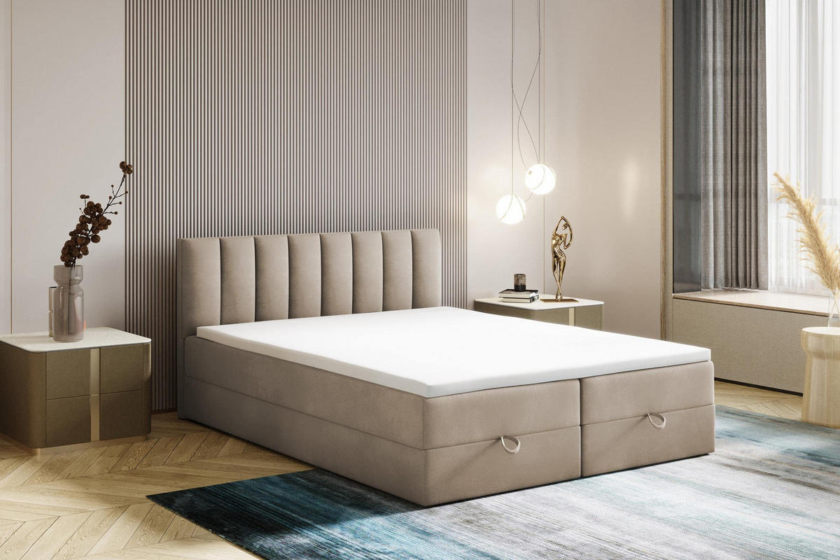 BOXBETT 140 x 200 cm mit Bonellmatratze H3, CITY, Elegant gestepptes Kopfteil und Topper 5cm, Bettkasten, Beige - Beige, Holzwerkstoff/Kunststoff (140/200cm) - Trada