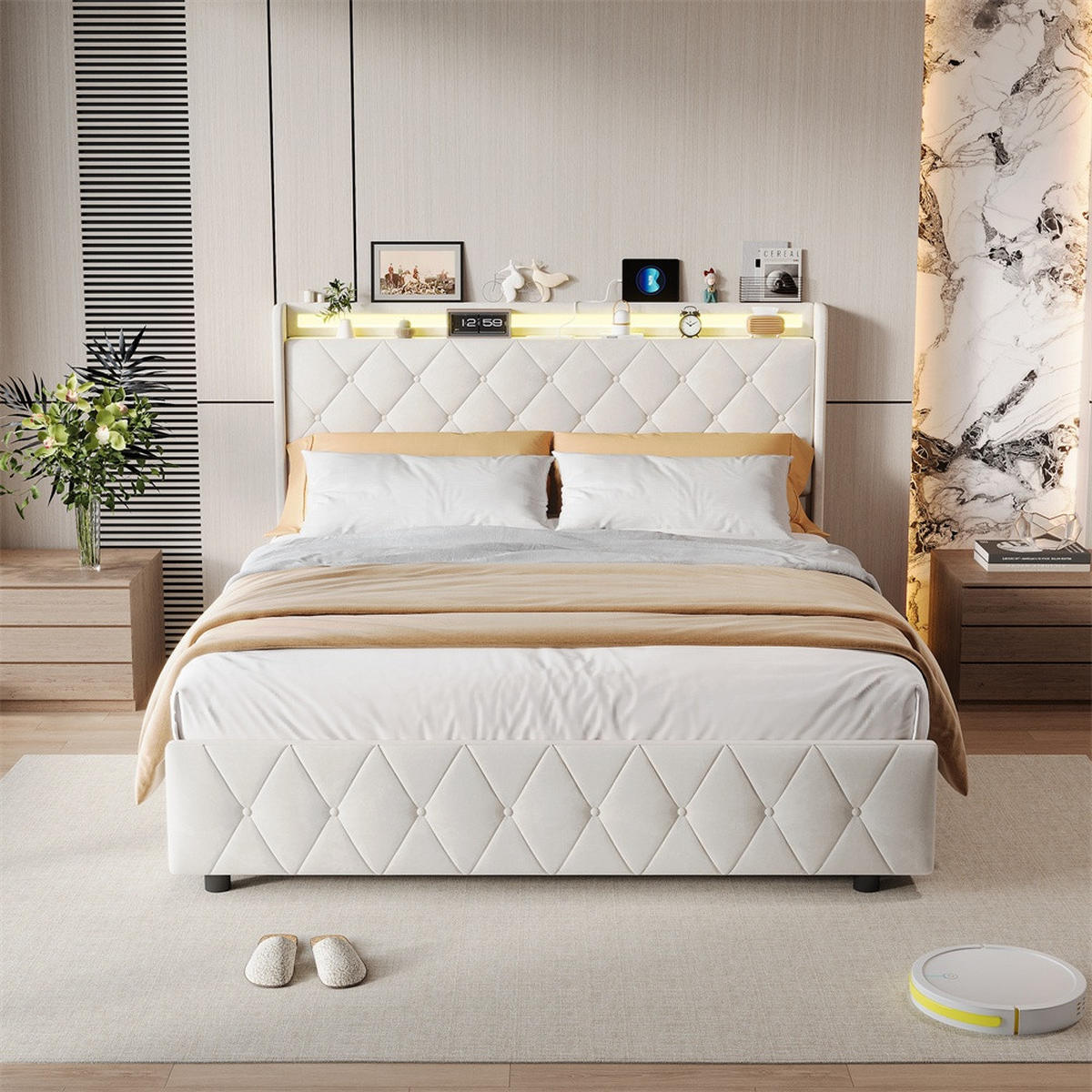 POLSTERBETT 140x200 cm mit 4 Schubladen & LED-Beleuchtung - USB-Anschlüsse - ohne Matratze - Beige - Beige, Textil (140/200cm) - DELFA