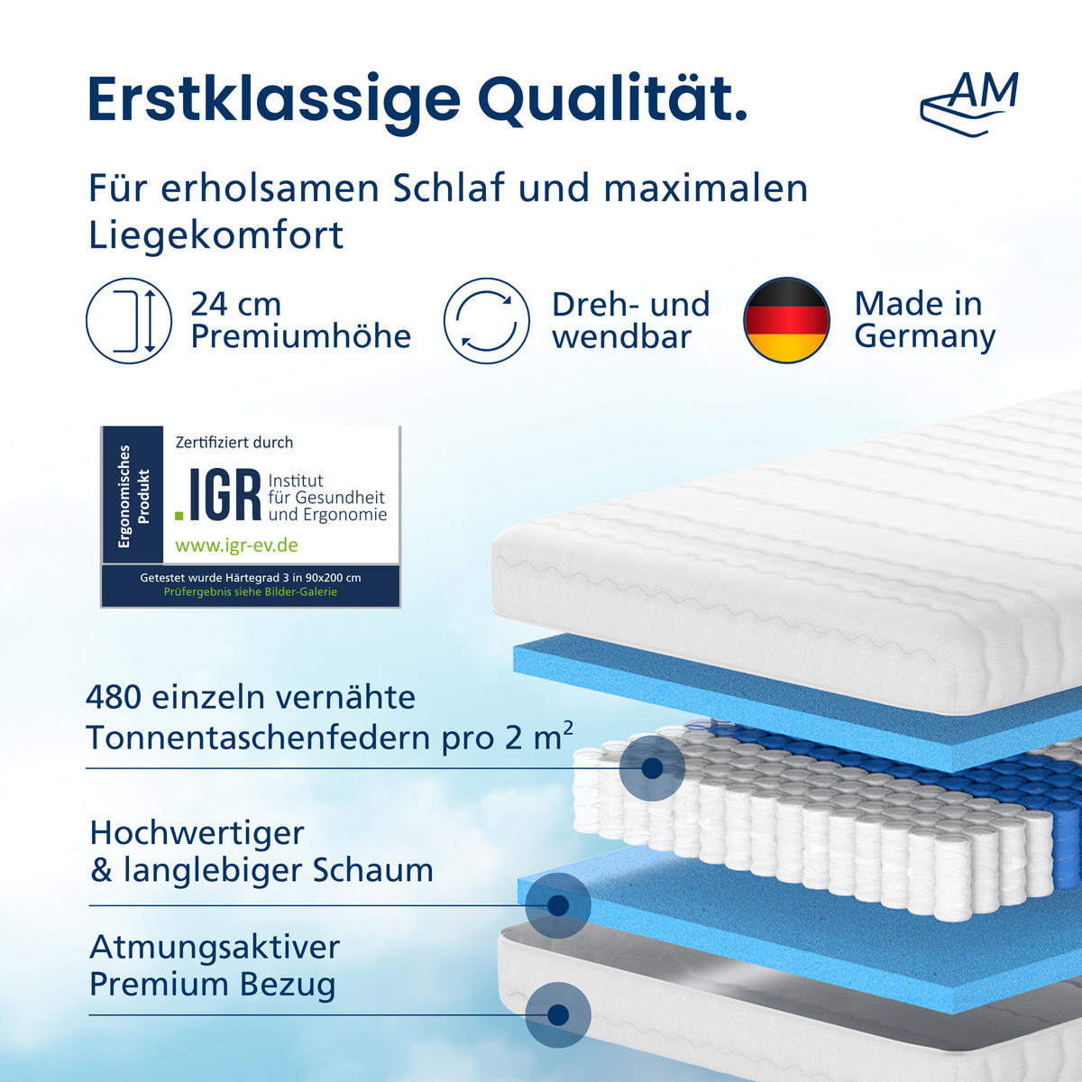 TASCHENFEDERKERNMATRATZE Premium 140/200 cm H3 - 24cm Höhe & Tencel Bezug - Weiß, Textil (140/200cm) - AM Qualitätsmatratzen