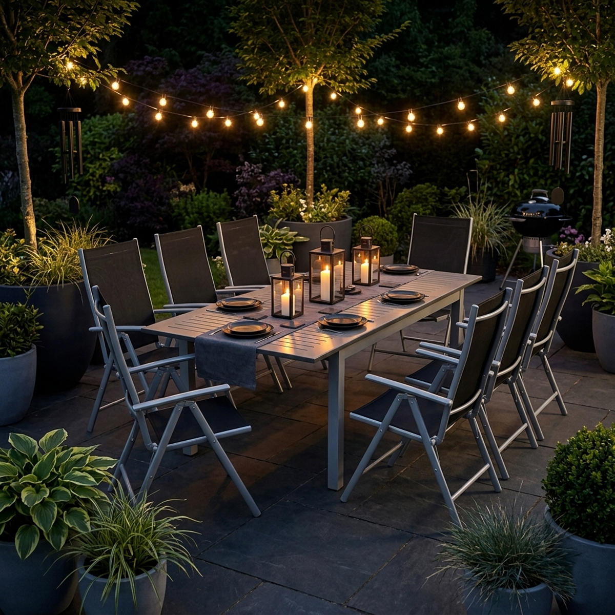 GARTEN-GARNITUR Ashford - 9-teilige Garten-Essgruppe (8x Klappsessel mit Aluminiumgestell grau, Bespannung Textilene schwarz - Schwarz, Metall - TPFGarden