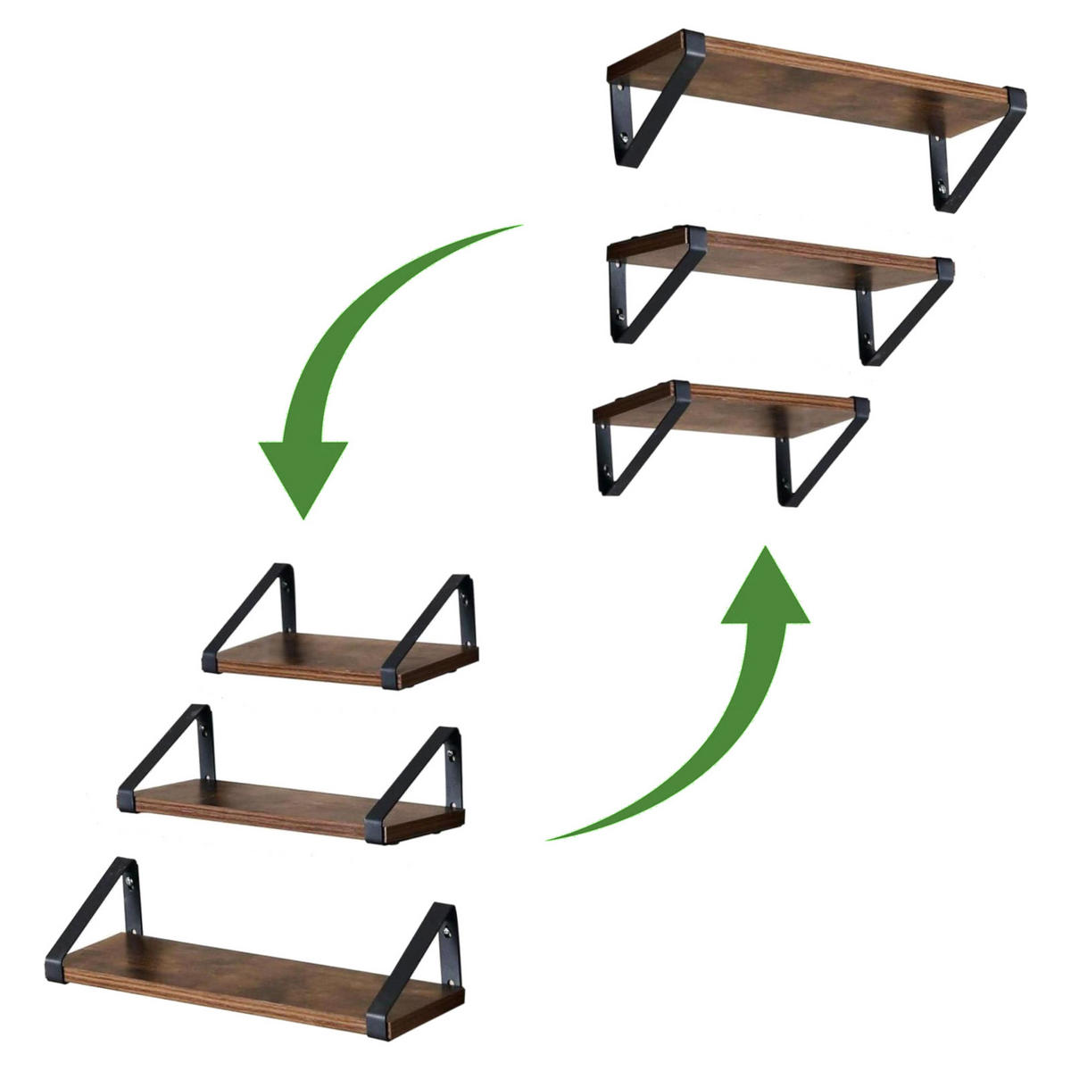 WANDREGAL Holzoptik Metall Dunkelbraun Schwarz 3-er Set 30/35/40x12x11 cm - Dunkelbraun/Schwarz, Holzwerkstoff/Metall (12/11/40cm) - Begryf