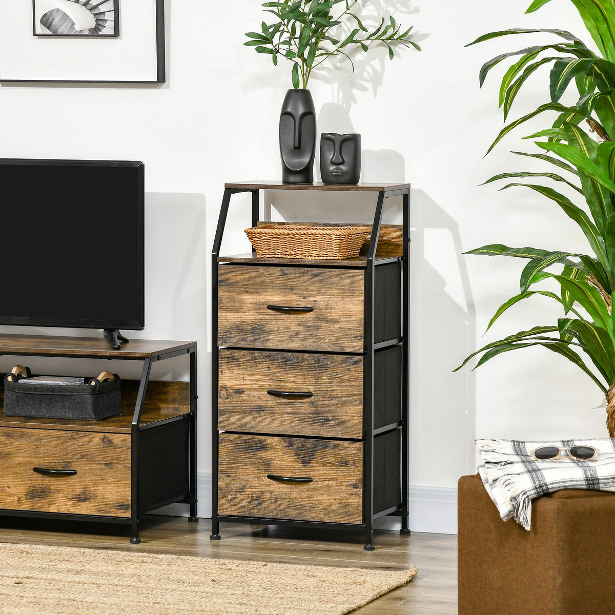 KOMMODE aus Stoff Aufbewahrungsschrank mit 3 Schubladen, Ablage Braun - Braun, Textil (29/92/44cm) - HOMCOM