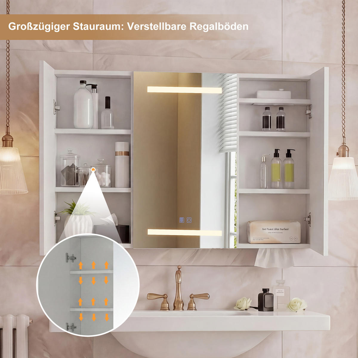 SPIEGELSCHRANK 100/60/13.5 cm, dreitürig asymmetrisch, LED & EU-Steckdose, Weiß - Weiß, Glas/Holz (100/60/13.5cm) - BRILVERDE