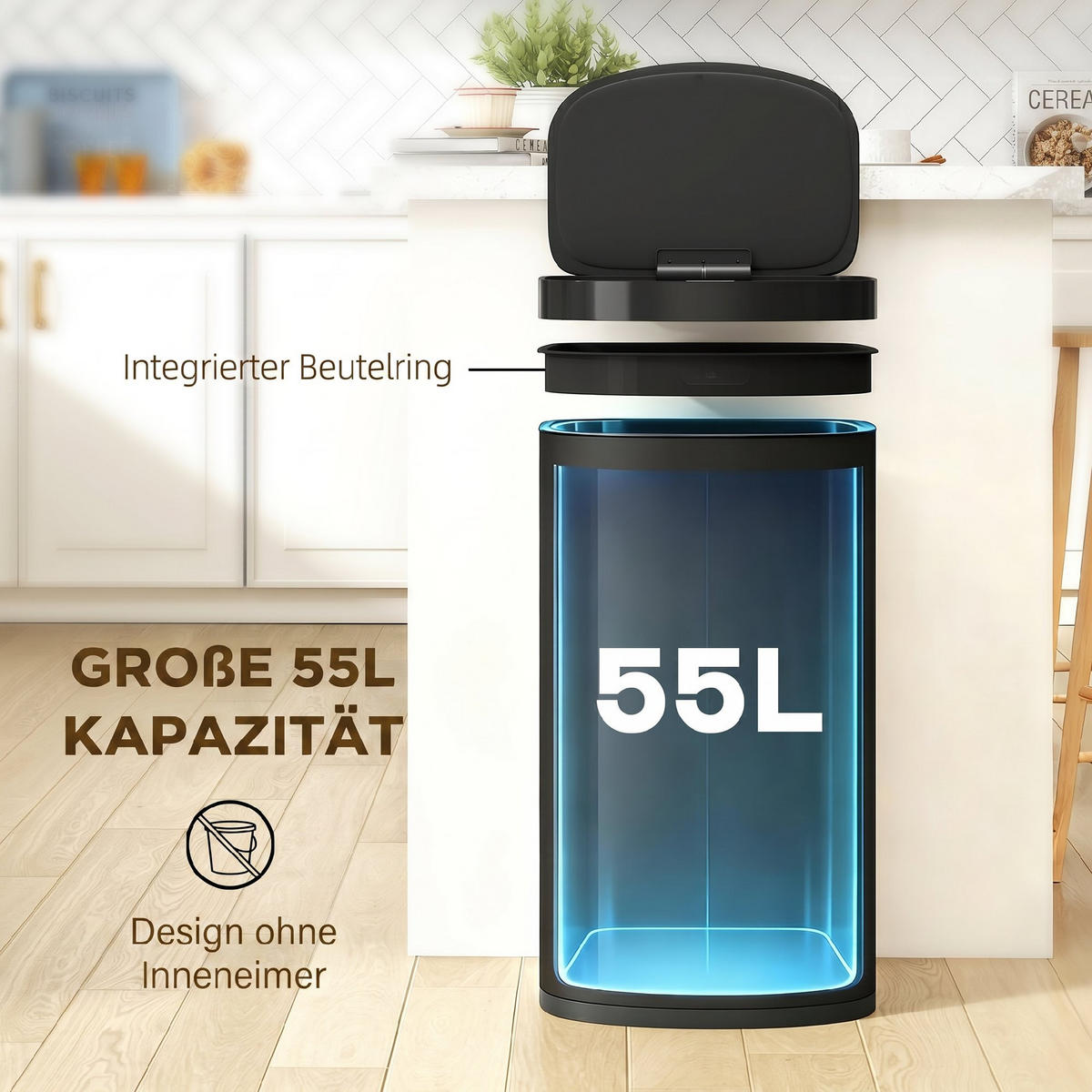 SENSOR-MÜLLEIMER Edelstahl Kunststoff Schwarz - Schwarz, Metall (28.5/69/38cm) - HOMCOM