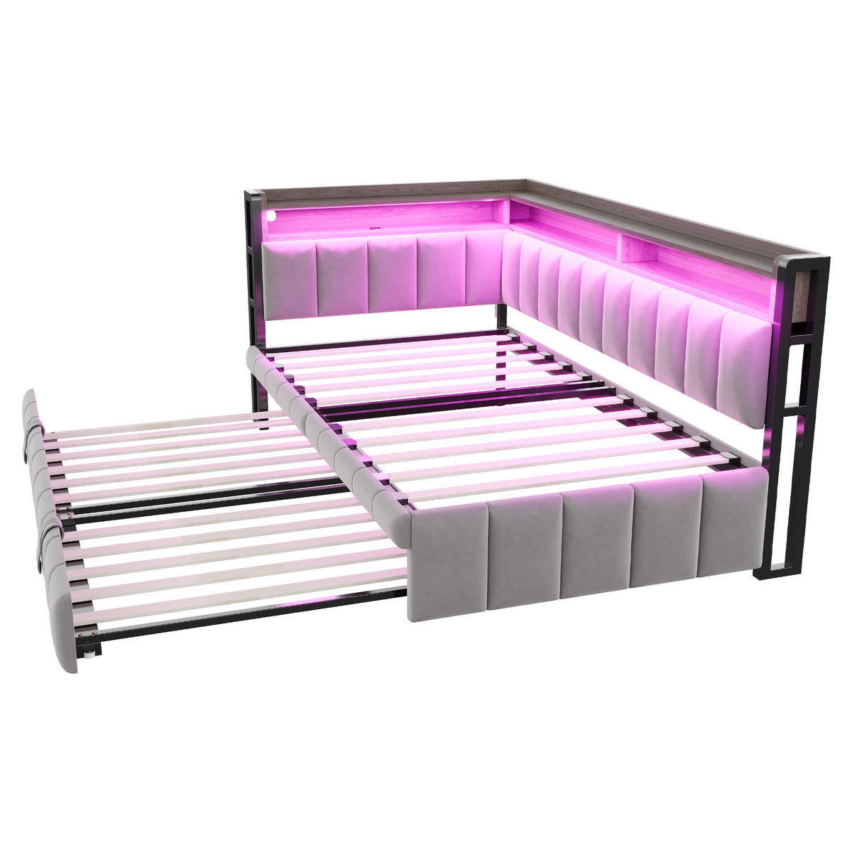 AUSZIEHBETT 90/200 cm DE-02098, in Hellgrau, mit LED, USB-C und Ablagefächern - Hellgrau, Metall (90/200cm) - ComfortXL