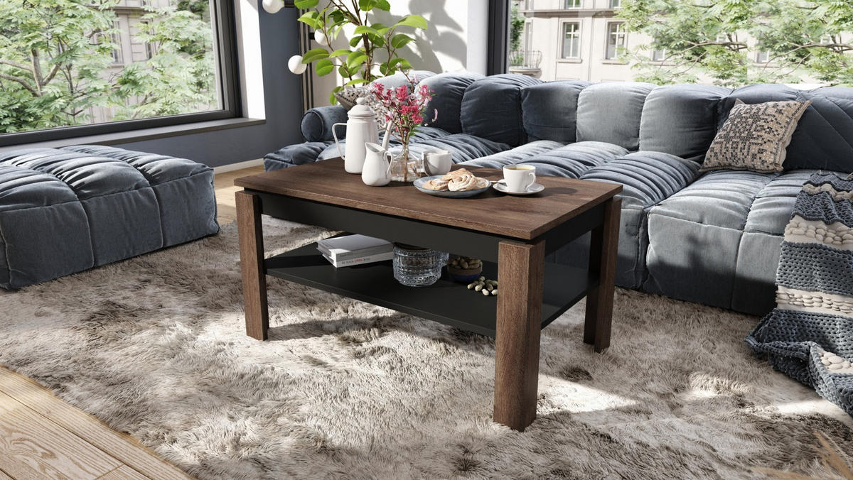 COUCHTISCH rechteckig Eiche Dunkel Schwarz höhenverstellbar 100/60/55 cm - Dunkelbraun/Schwarz, Holzwerkstoff (60/100/55cm) - designimpex