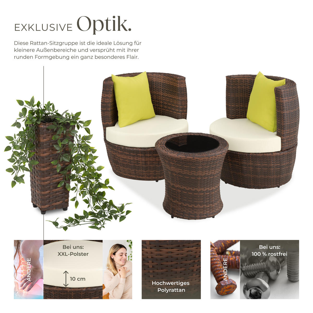 RATTAN SITZGRUPPE Nizza,stapelbar,schwarz/braun - Schwarz/Braun, Kunststoff - tectake