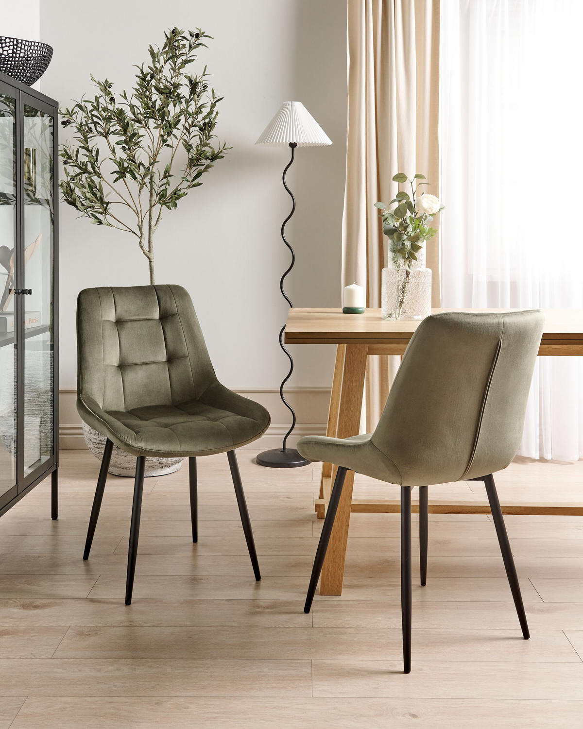 ESSZIMMERSTUHL 2er-Set Samtstoff olivgrün Melrose - Schwarz/Grün, Textil (55/85/61cm) - Beliani
