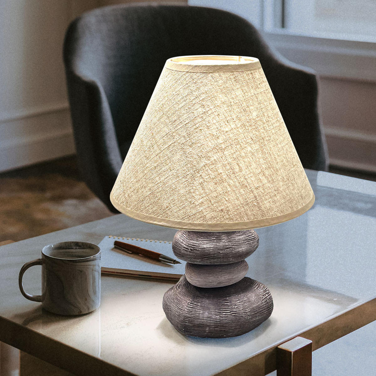 TISCHLEUCHTE Keramik Steinoptik Braun Grau - Braun, Textil (25/25/33.5cm)