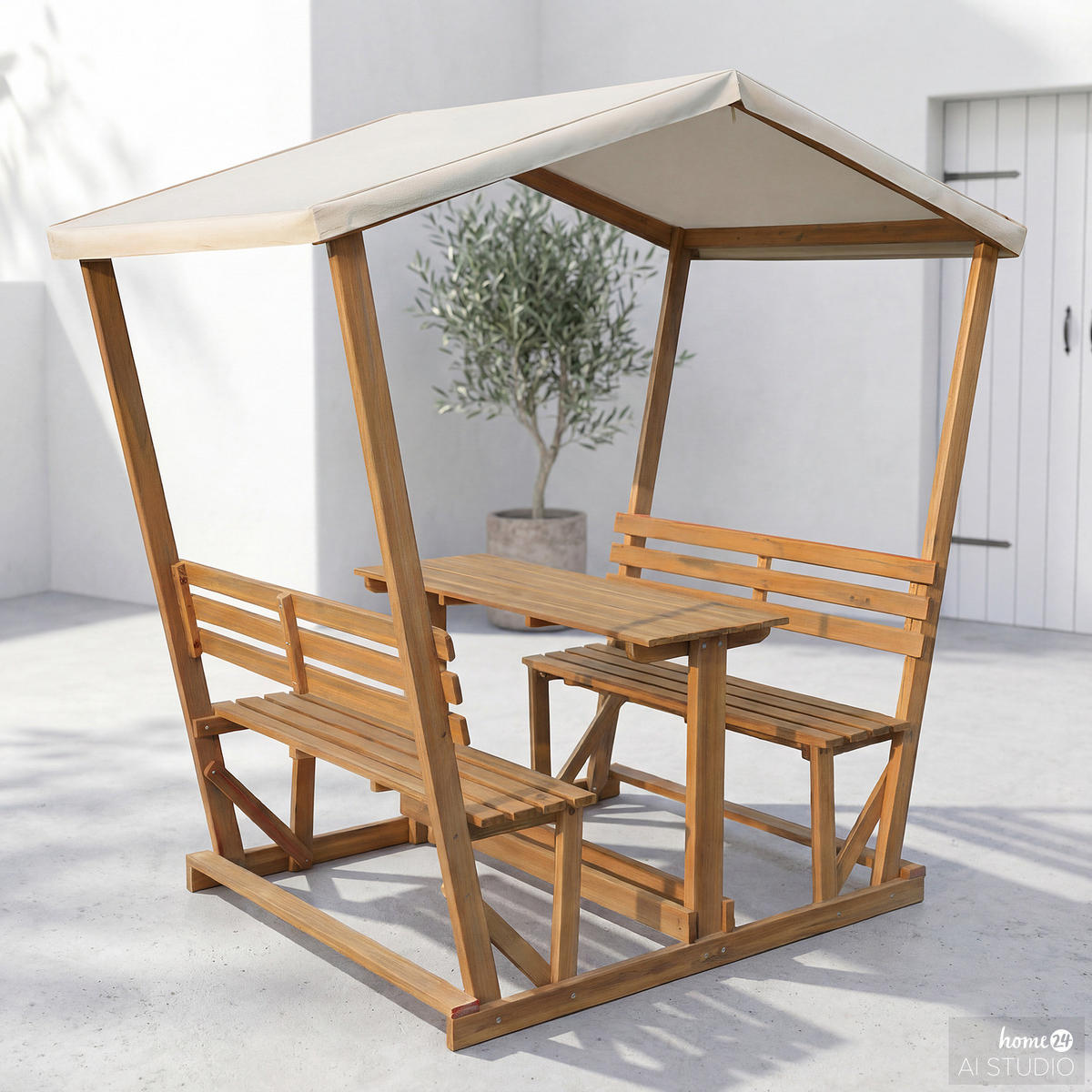 GARTENSITZGRUPPE - Akazie massiv / Polyester - Braun - Creme/Akaziefarben, Holz - home24