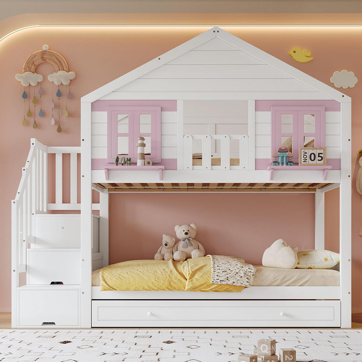 HAUSBETT 90x200cm mit Stabiler Lattenrost, Weiß+Rosa - Weiß, Holz (99/217cm) - KOMHTOM