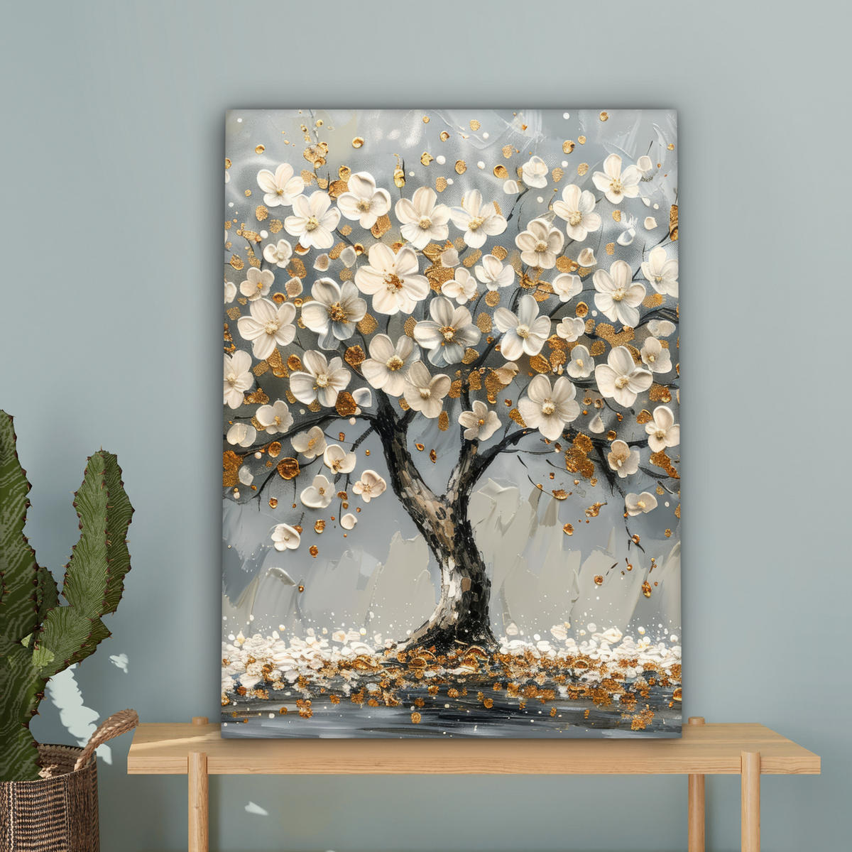 LEINWANDBILD Baum - Blumen - Weiß - Natur - Kunst Wandbild Wohnzimmer 60x80 cm - Weiß, Textil (60/80cm) - MuchoWow