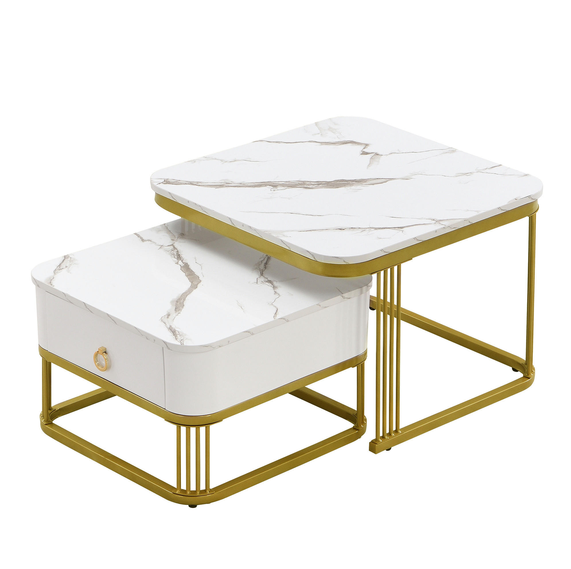 Modfu SADA konferenčních stolků z MDF 60x60x45 cm bílá se zásuvkou, vysokým leskem a mramorovým dekorem