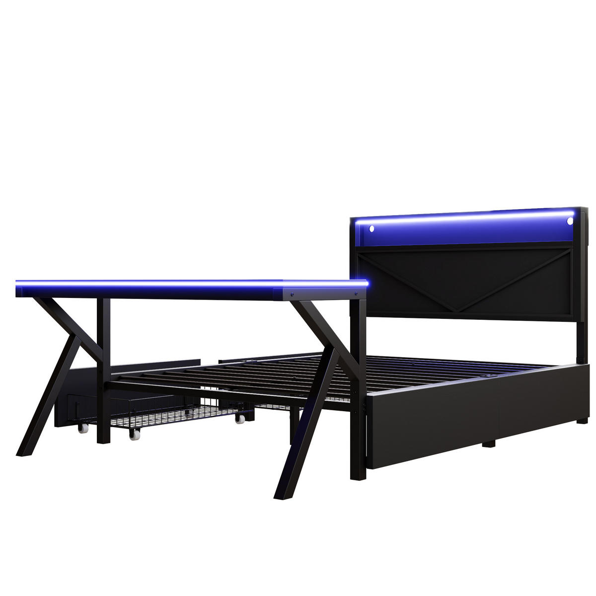 METALLBETT 140/200 cm Rot mit LED-Kopfteil, LED-Schreibtisch und 2 Schubladen - Schwarz, Metall (140/200cm) - Oxeza