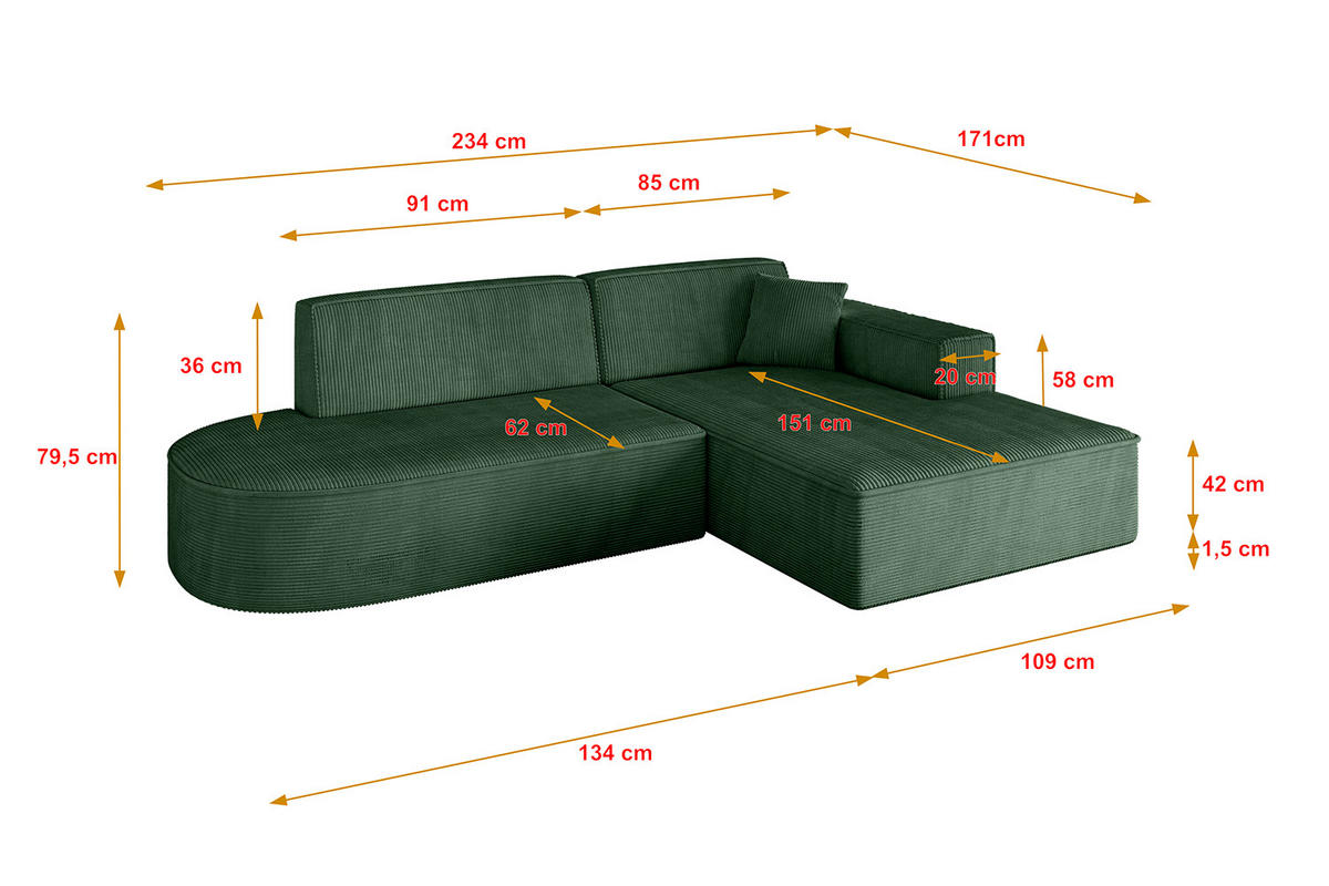 ECKSOFA Ottomane Rechts IREA-L1-v4 - 234x171x79 cm Grün - Currygelb, Holzwerkstoff/Textil (171/234cm) - ALTDECOR