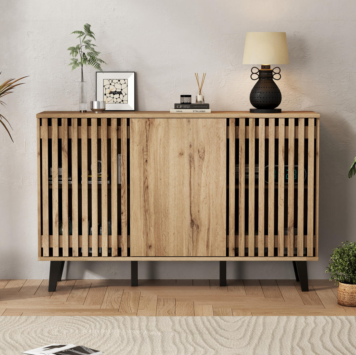 LOWBOARD TV-Schrank- und Sideboard-Set 180/40/55 und 150/40/95 cm aus Holzwerkstoff mit 14 Fächern Naturfarben - Hellbraun, Holzwerkstoff (180/55/40cm) - Modenvie