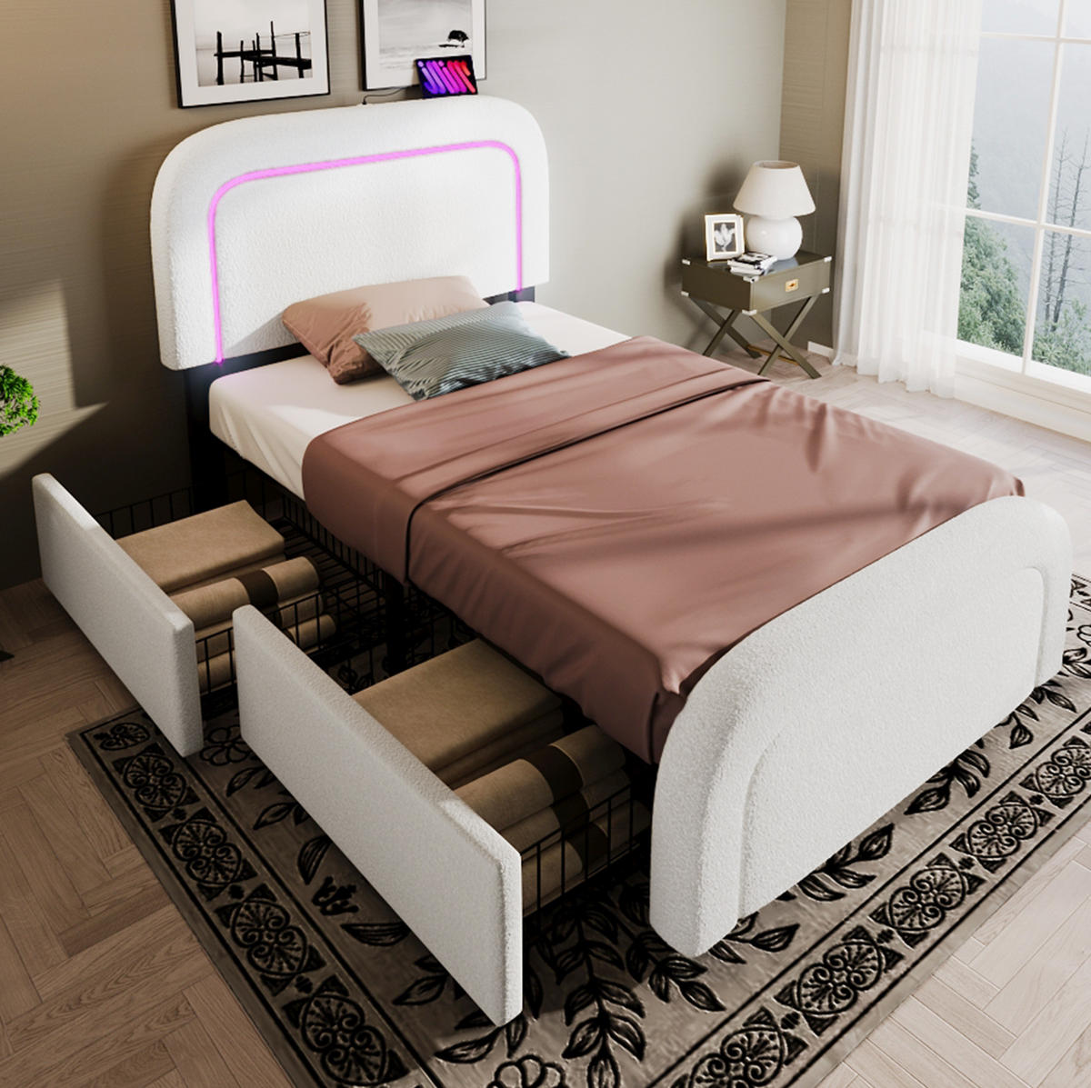 BETT mit Matratze, USB-C, LED und 2 Schubladen 90x200 cm Sherpa Weiß - Weiß, Metall (90/200cm) - Meubliv