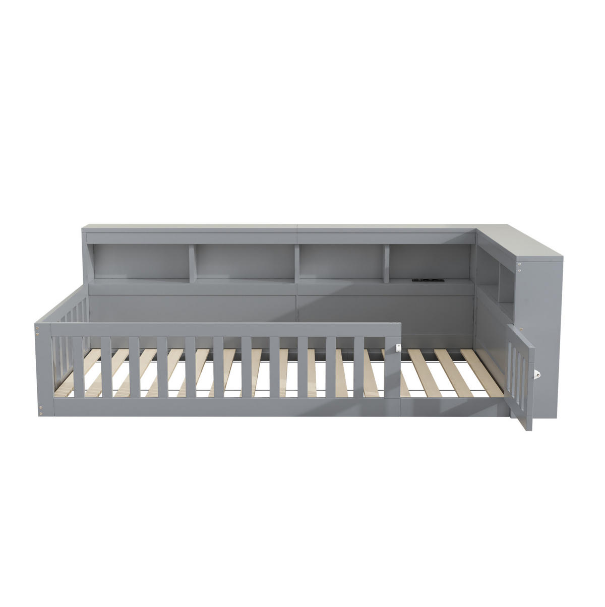 OBLAZINJENA postelja, 90/200 cm, iverna plošča/MDF, siva, z odlagalnim prostorom in USB - siva, leseni material (90/200cm) - BEAOK