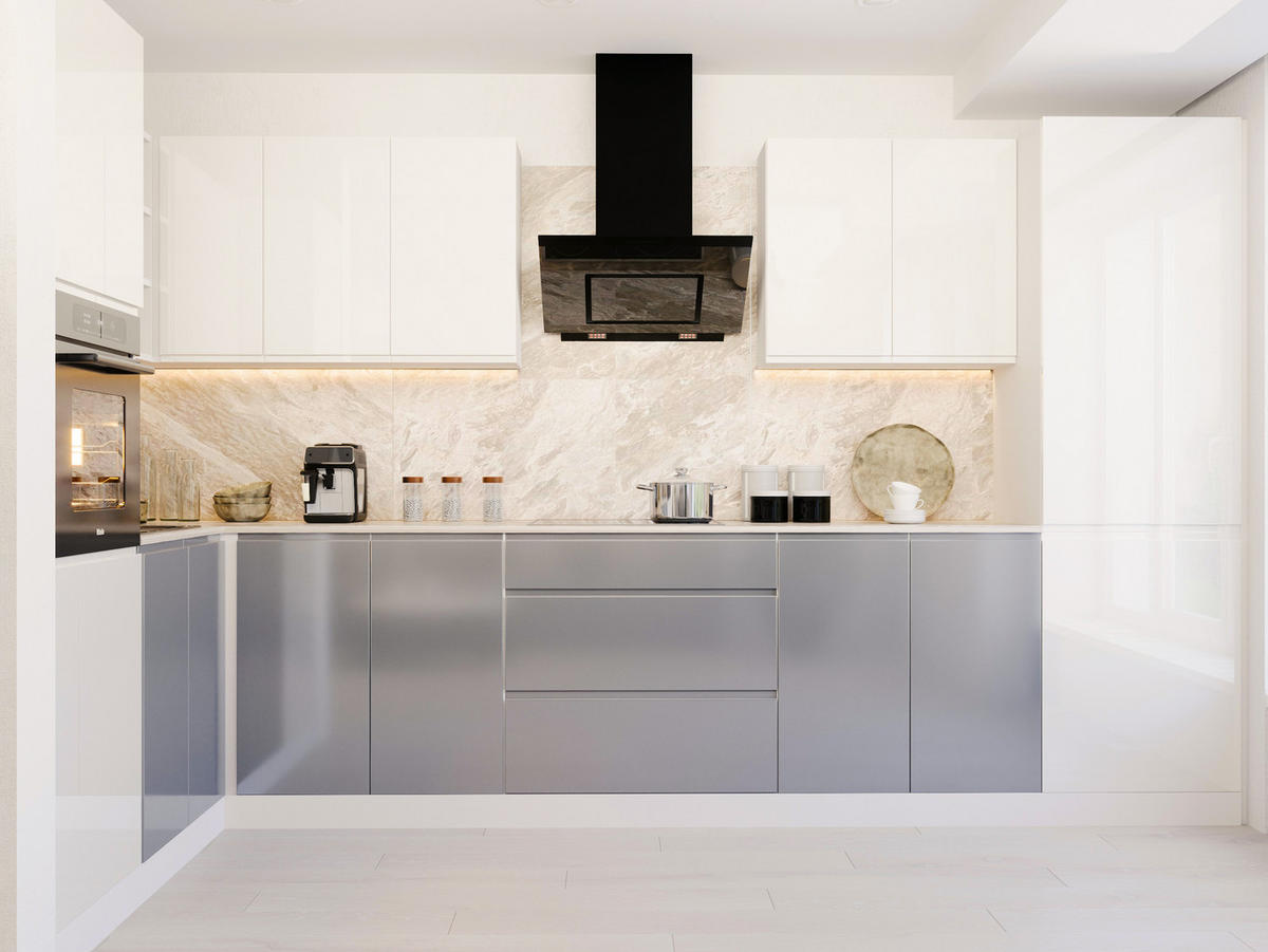 ECKKÜCHE 300x140 cm Glanzia – KU-S08 – Weiß / Grau – Hochglanz - Weiß Hochglanz/Grau, Holzwerkstoff (300/212/140cm) - hi-markt