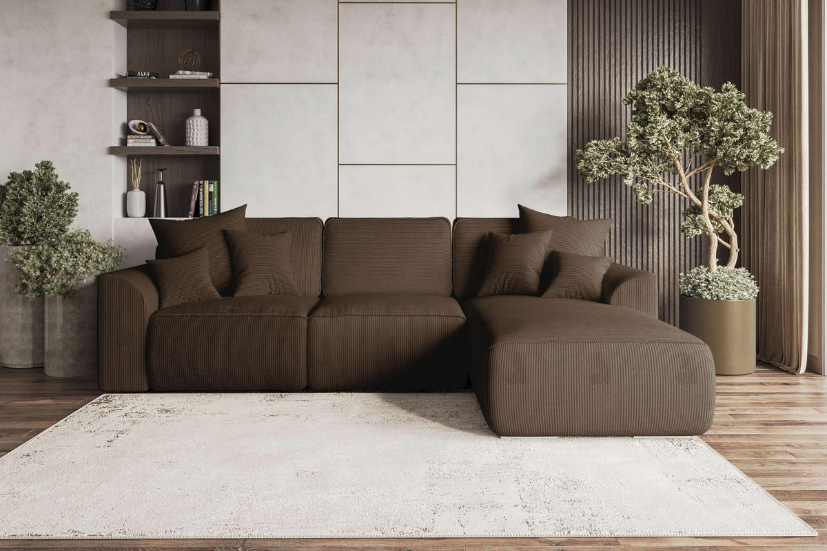 ECKSOFA GUSTO Cordstoff Braun Rechts inkl. Schlaffunktion - Chromfarben/Braun, Kunststoff/Textil (295/194cm) - 99rooms